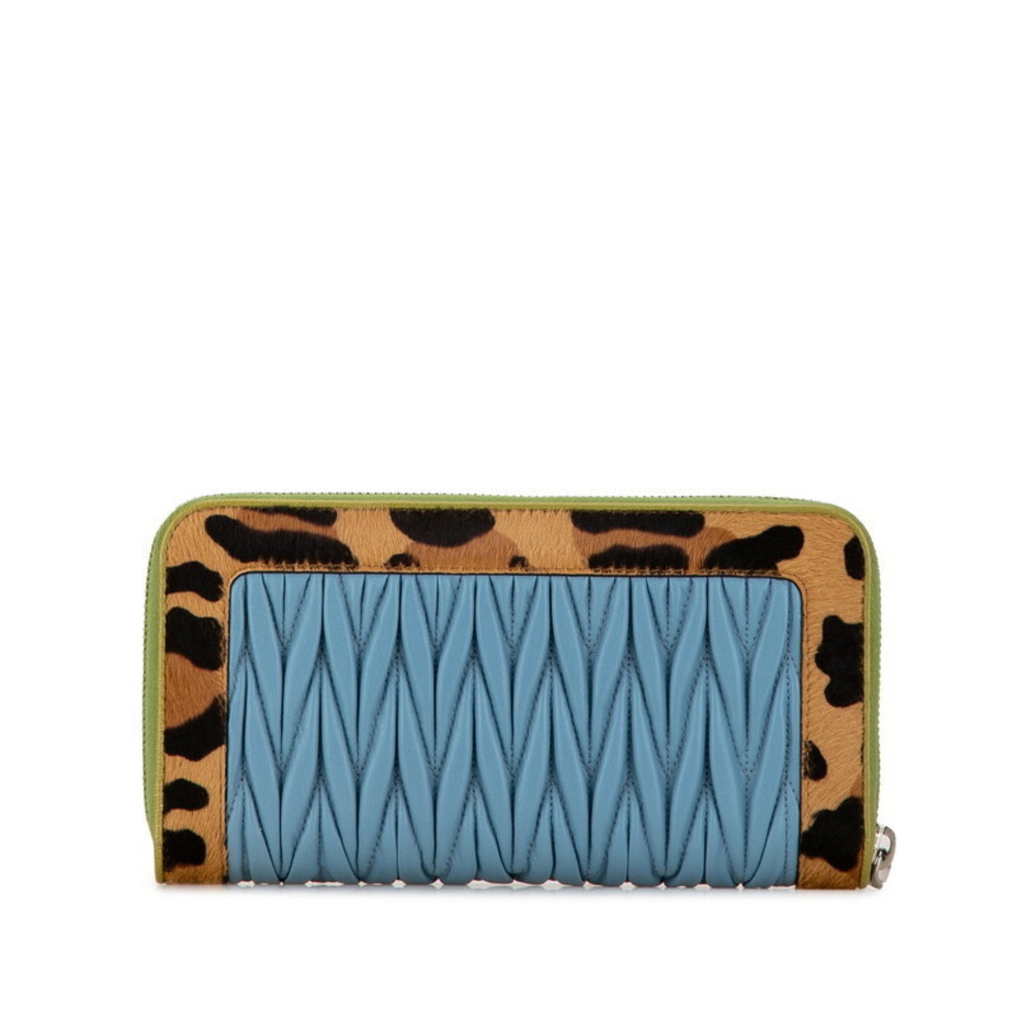 Miu Miu Miu Matelasse Leopard Round Long Wallet 5ML506 Light Blue Green Yellow Leather Pony Women's MIUMIU