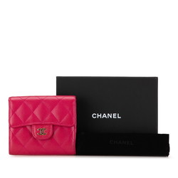 CHANEL Matelasse Coco Mark Classic Small Flap Wallet Bi-fold Pink Caviar Skin Women's