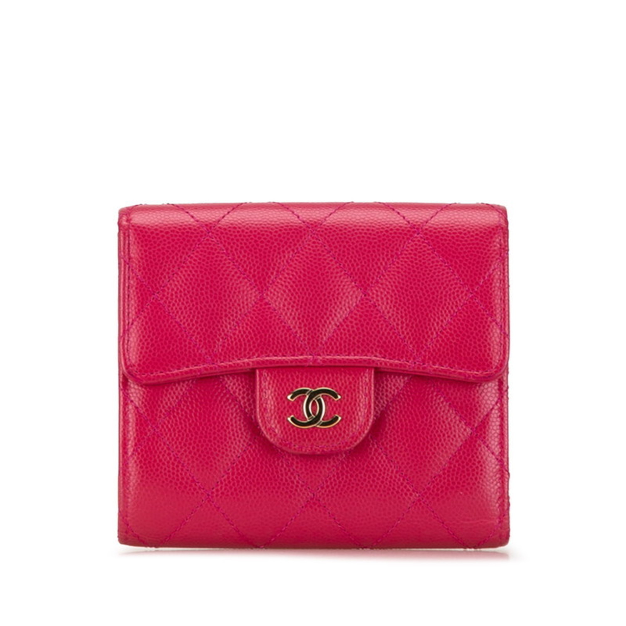 CHANEL Matelasse Coco Mark Classic Small Flap Wallet Bi-fold Pink Caviar Skin Women's