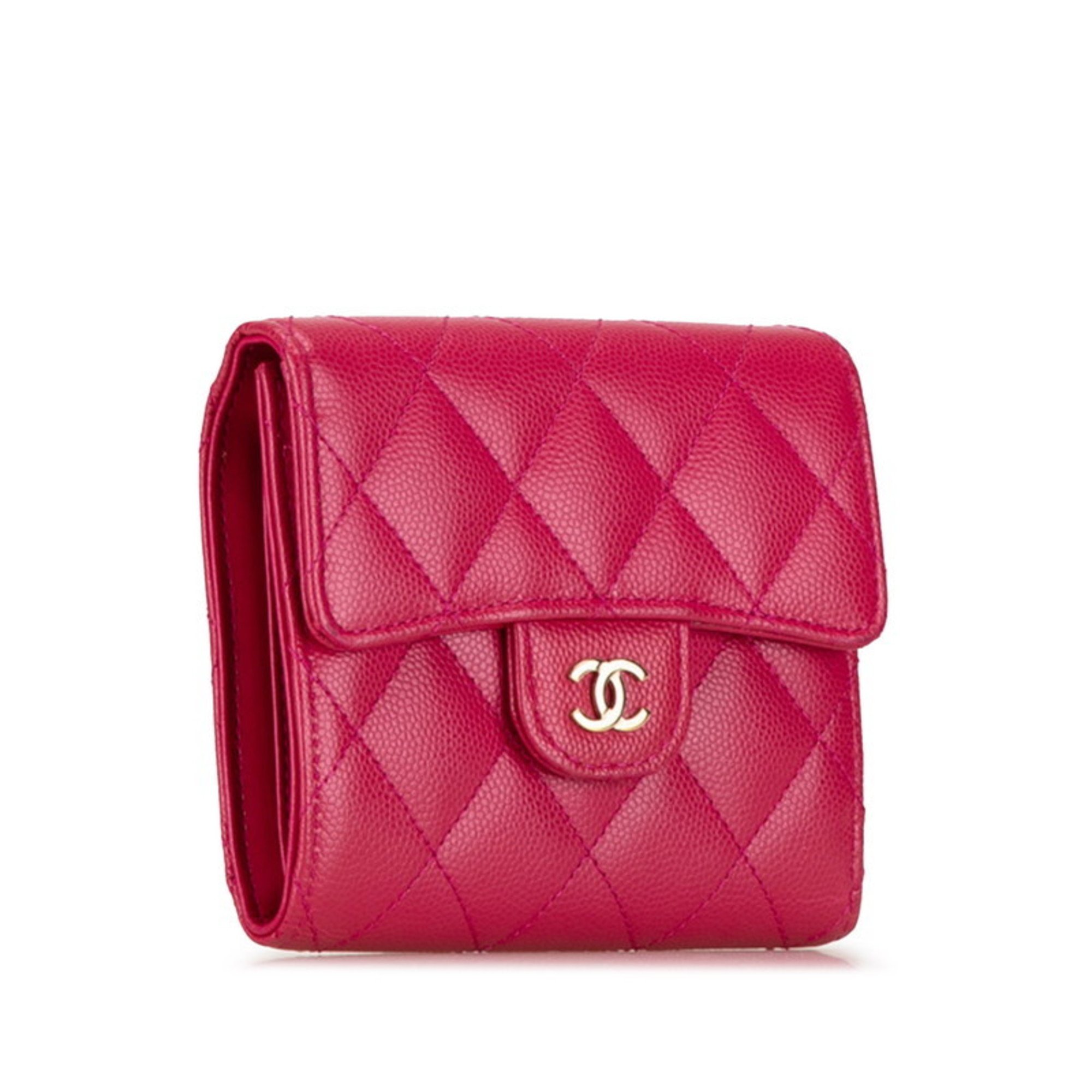 CHANEL Matelasse Coco Mark Classic Small Flap Wallet Bi-fold Pink Caviar Skin Women's