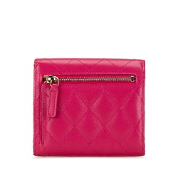 CHANEL Matelasse Coco Mark Classic Small Flap Wallet Bi-fold Pink Caviar Skin Women's