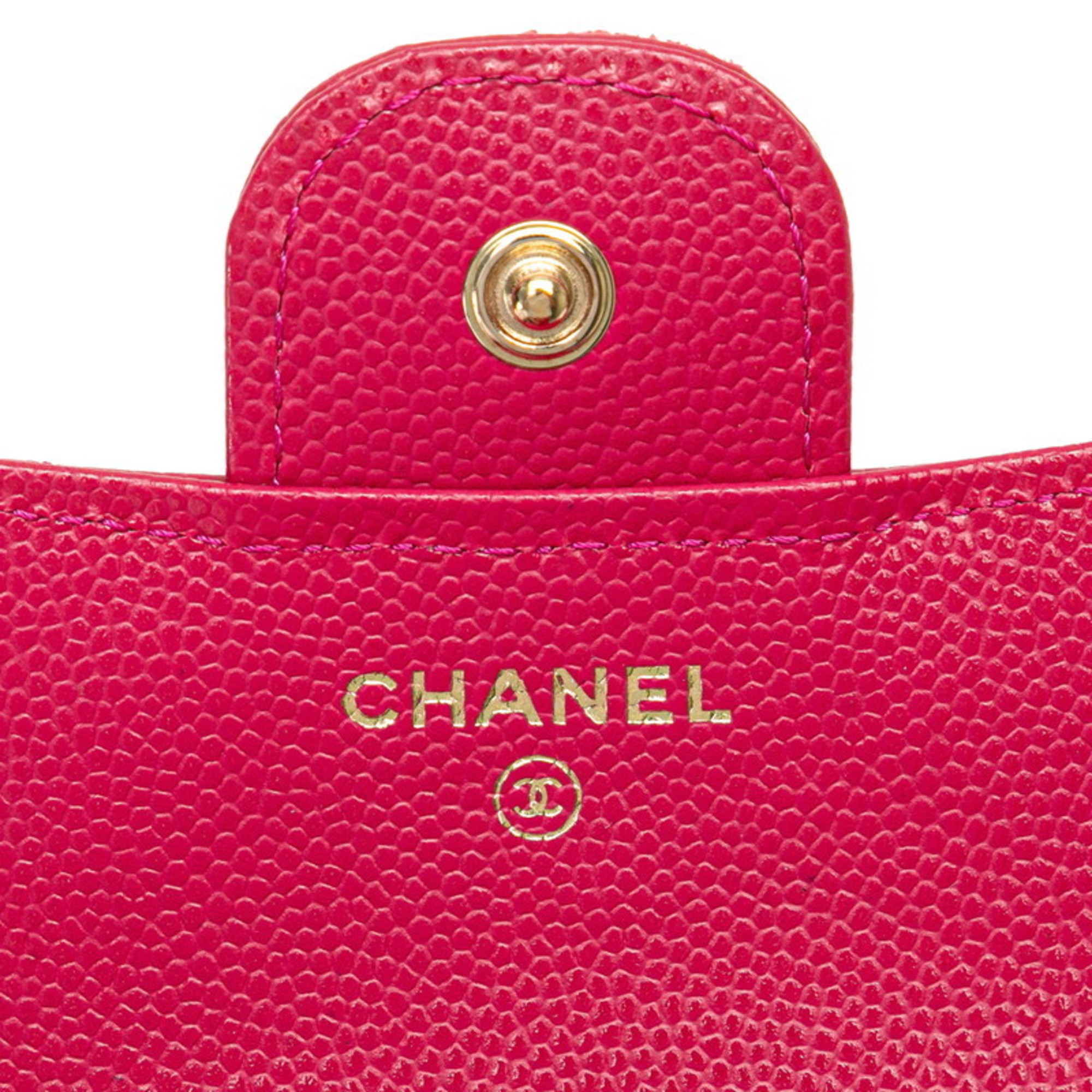 CHANEL Matelasse Coco Mark Classic Small Flap Wallet Bi-fold Pink Caviar Skin Women's