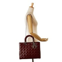 Christian Dior Dior Lady Cannage Handbag Shoulder Bag Wine Red Bordeaux Patent Leather Women's