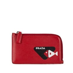 Prada Saffiano Fish Motif Card Case Bordeaux Wine Red Leather Women's PRADA