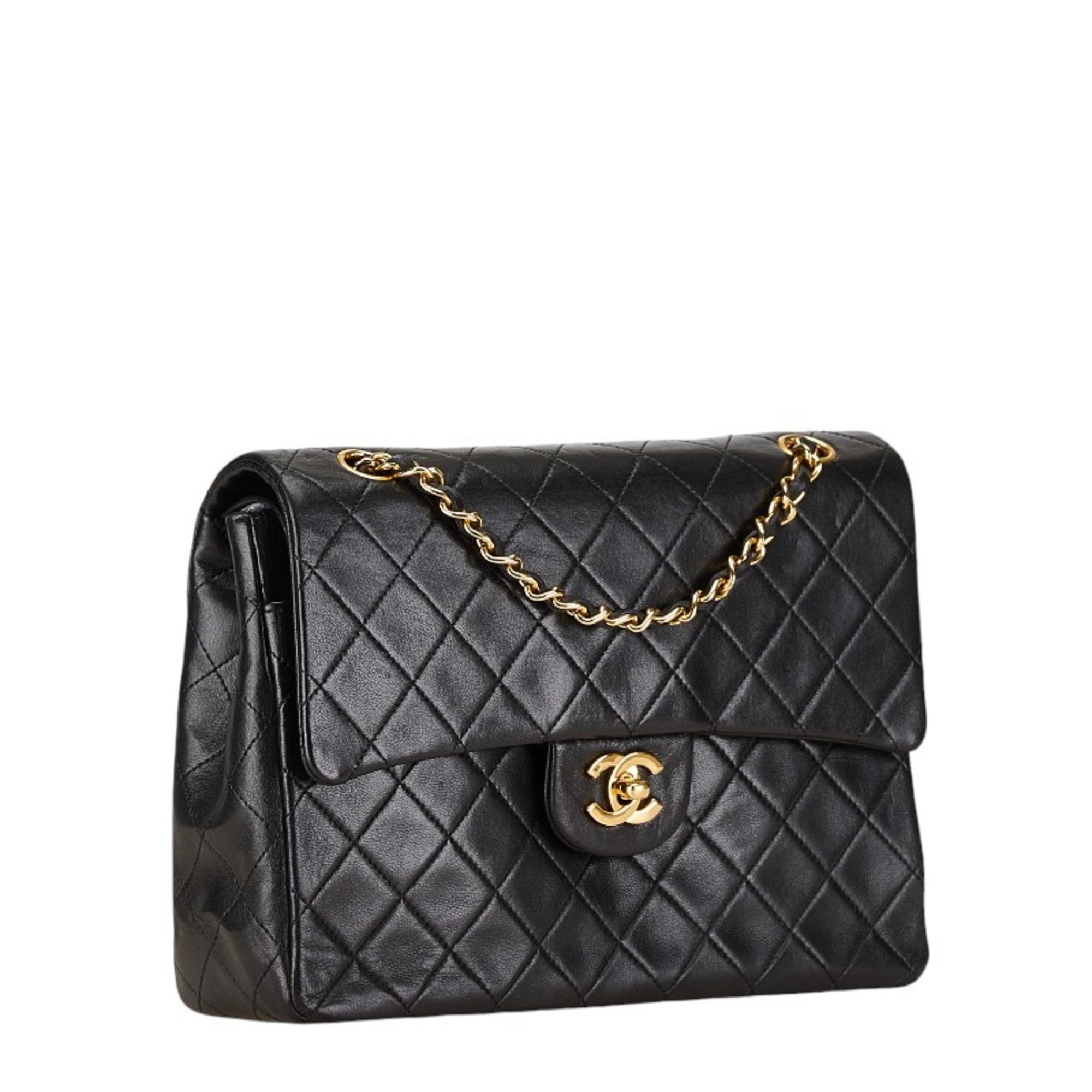 Chanel Matelasse 25 Coco Mark Double Flap Chain Shoulder Bag Black Lambskin Women's CHANEL