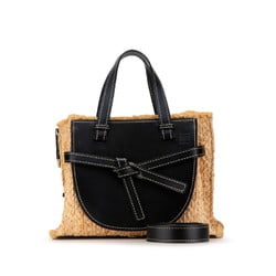 LOEWE Anagram Gate Handbag Shoulder Bag 651902 Beige Black Raffia Leather Women's