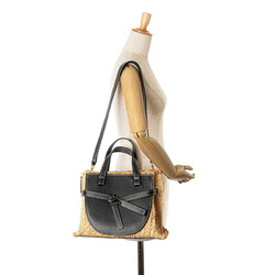 LOEWE Anagram Gate Handbag Shoulder Bag 651902 Beige Black Raffia Leather Women's