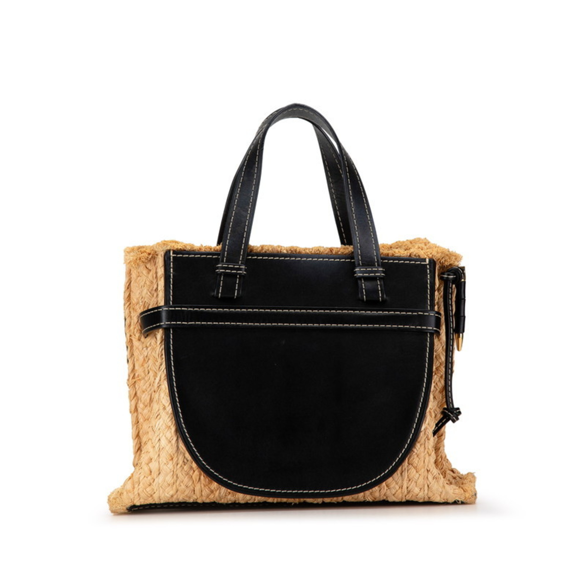 LOEWE Anagram Gate Handbag Shoulder Bag 651902 Beige Black Raffia Leather Women's