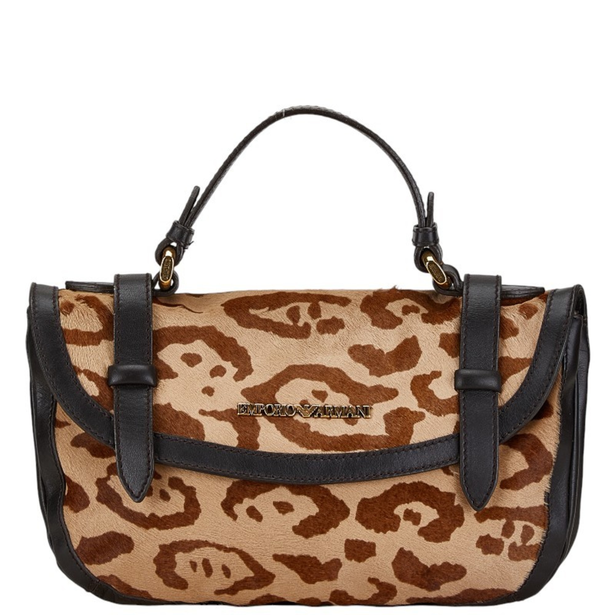 Emporio Armani Leopard Motif Handbag Brown Black Pony Leather Women's