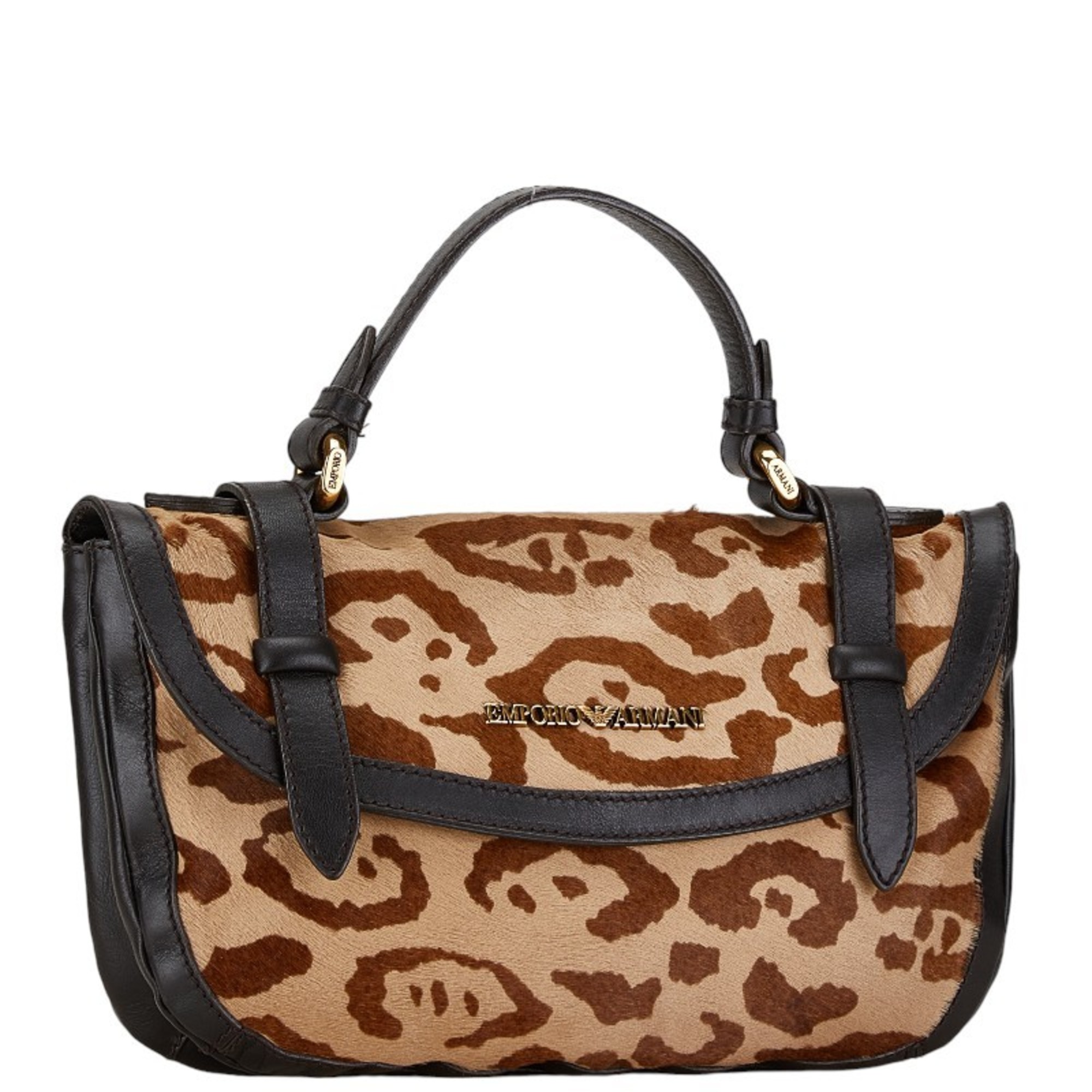 Emporio Armani Leopard Motif Handbag Brown Black Pony Leather Women's