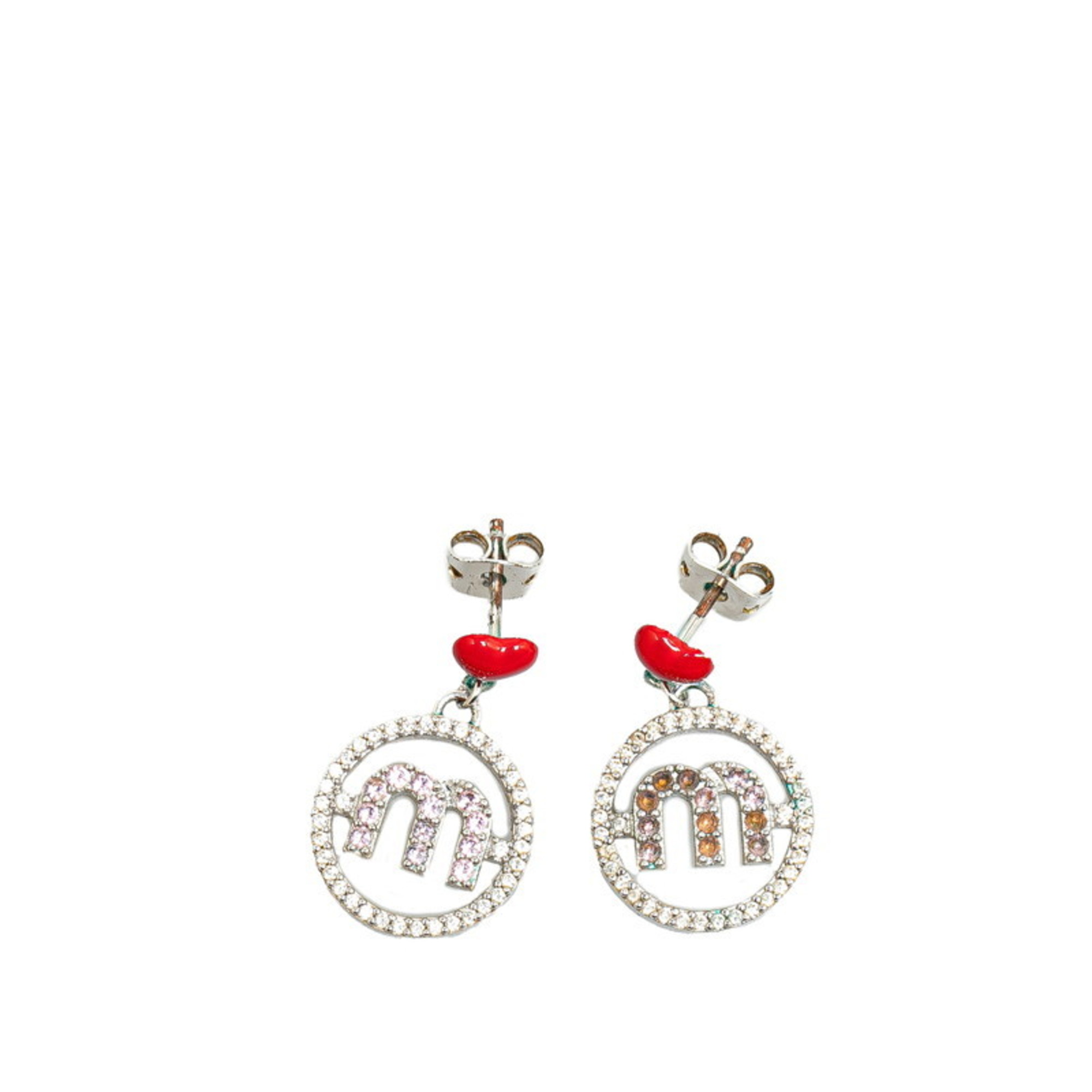 Miu Miu Miu Round Initial M Heart Motif Rhinestone Earrings Silver Metal Women's MIUMIU