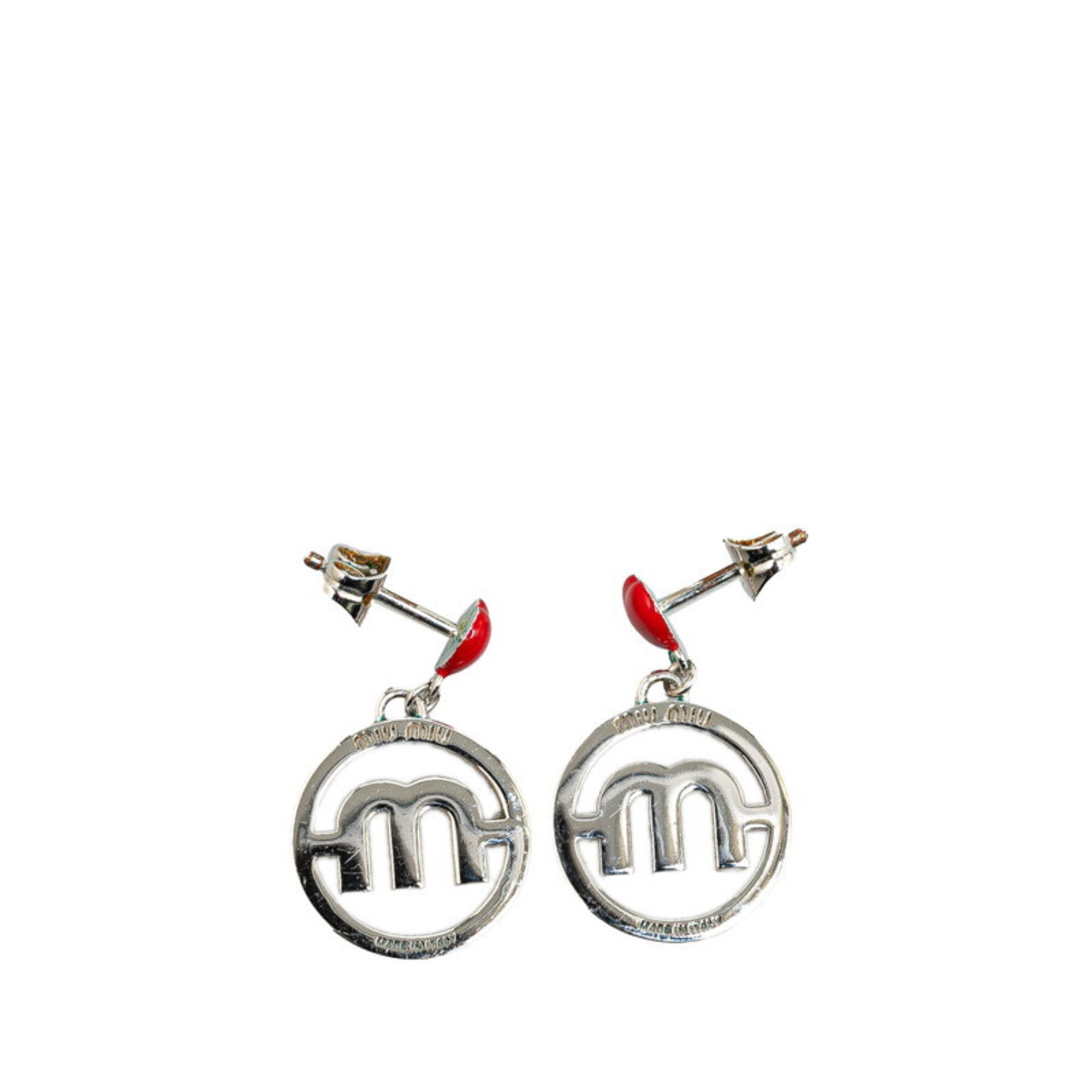 Miu Miu Miu Round Initial M Heart Motif Rhinestone Earrings Silver Metal Women's MIUMIU