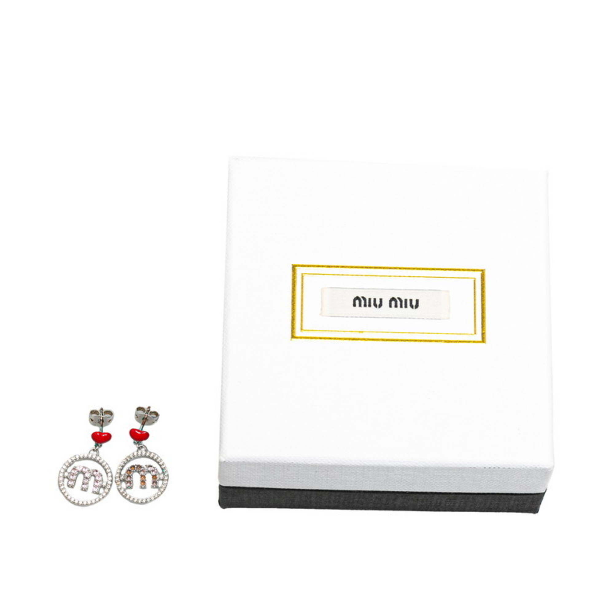 Miu Miu Miu Round Initial M Heart Motif Rhinestone Earrings Silver Metal Women's MIUMIU