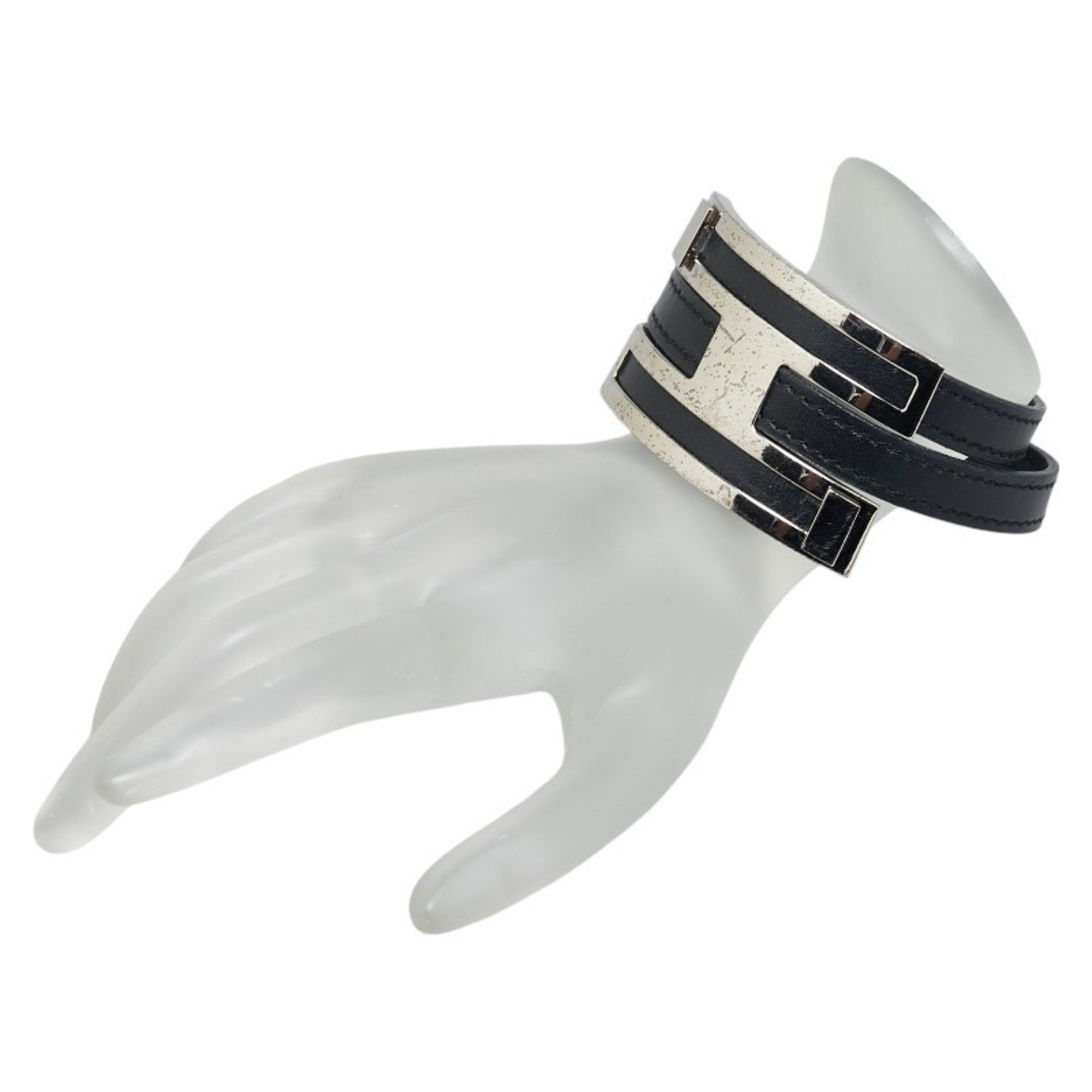 Hermes Puspus Bracelet Black Silver Metal Leather Women's HERMES