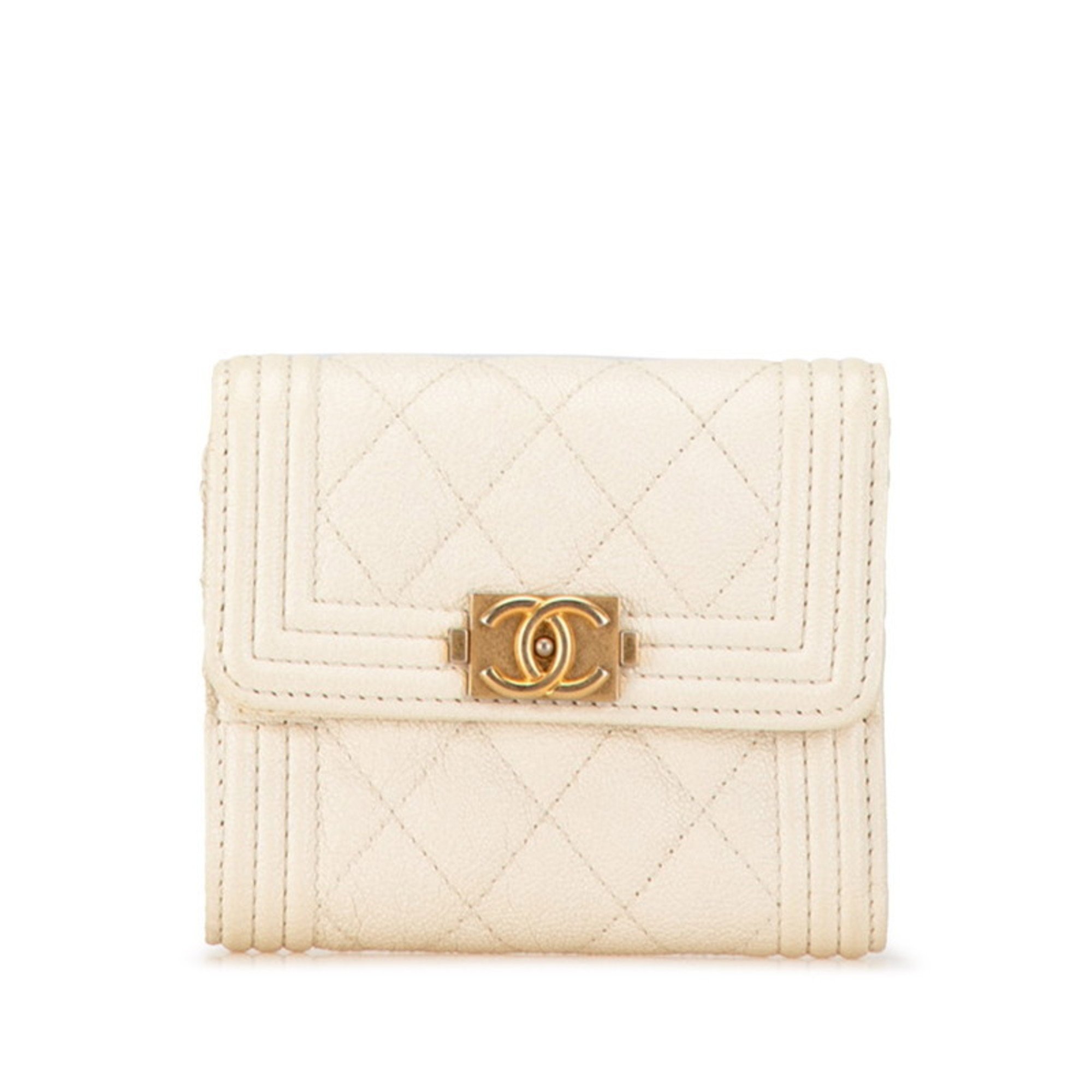 Chanel Matelasse Boy Tri-fold Wallet White Gold Caviar Skin Women's CHANEL