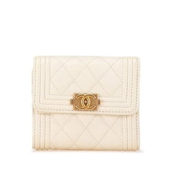 Chanel Matelasse Boy Tri-fold Wallet White Gold Caviar Skin Women's CHANEL