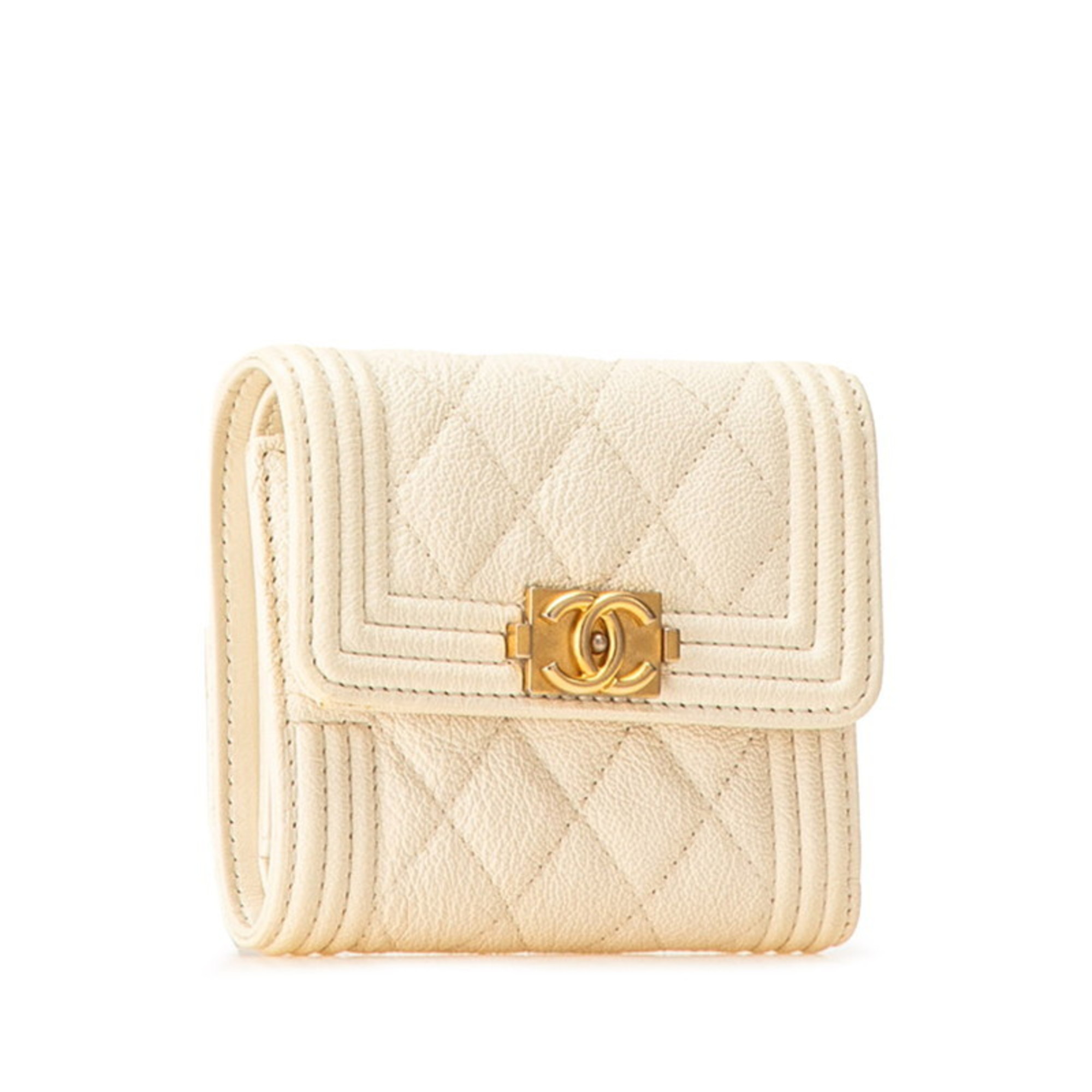 Chanel Matelasse Boy Tri-fold Wallet White Gold Caviar Skin Women's CHANEL