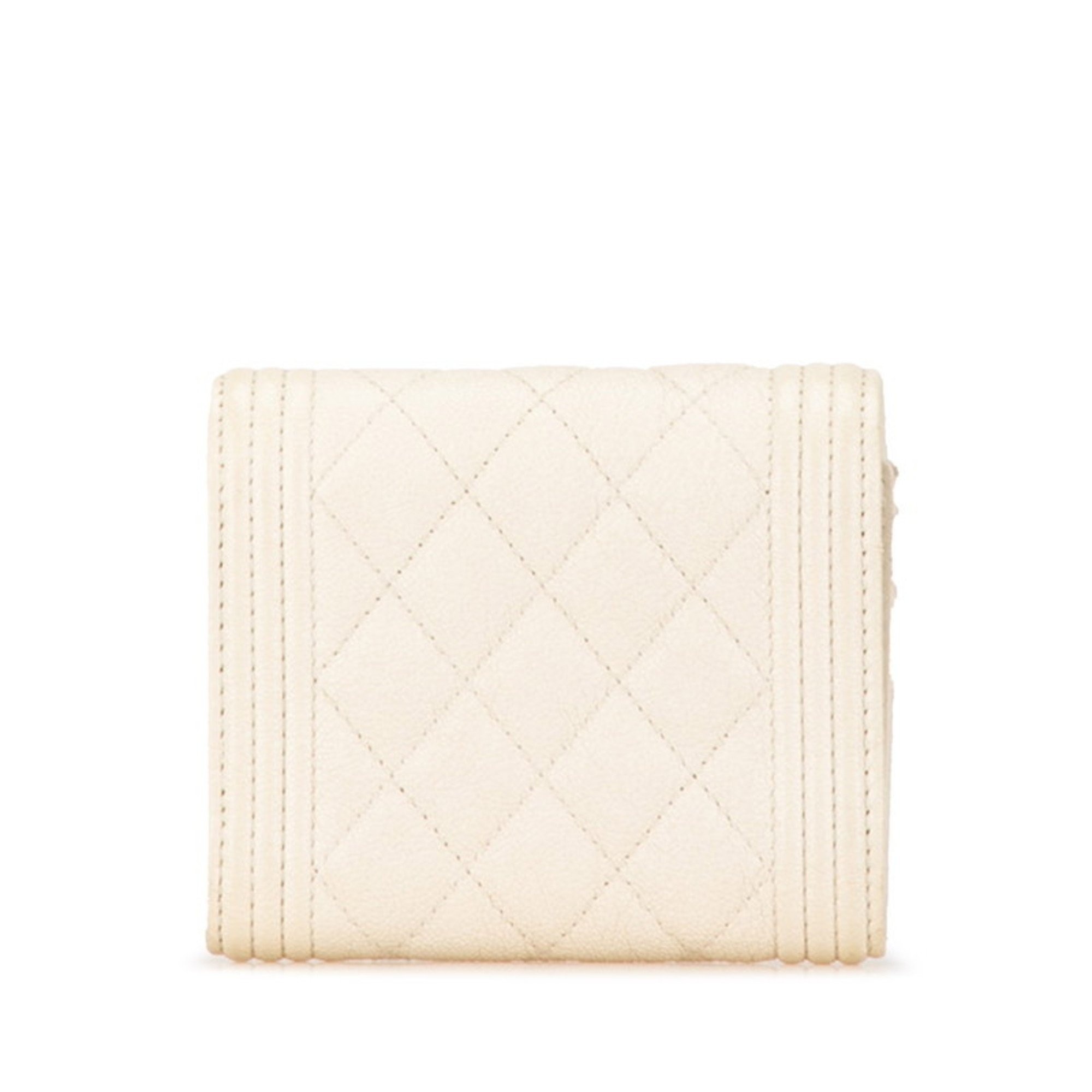 Chanel Matelasse Boy Tri-fold Wallet White Gold Caviar Skin Women's CHANEL