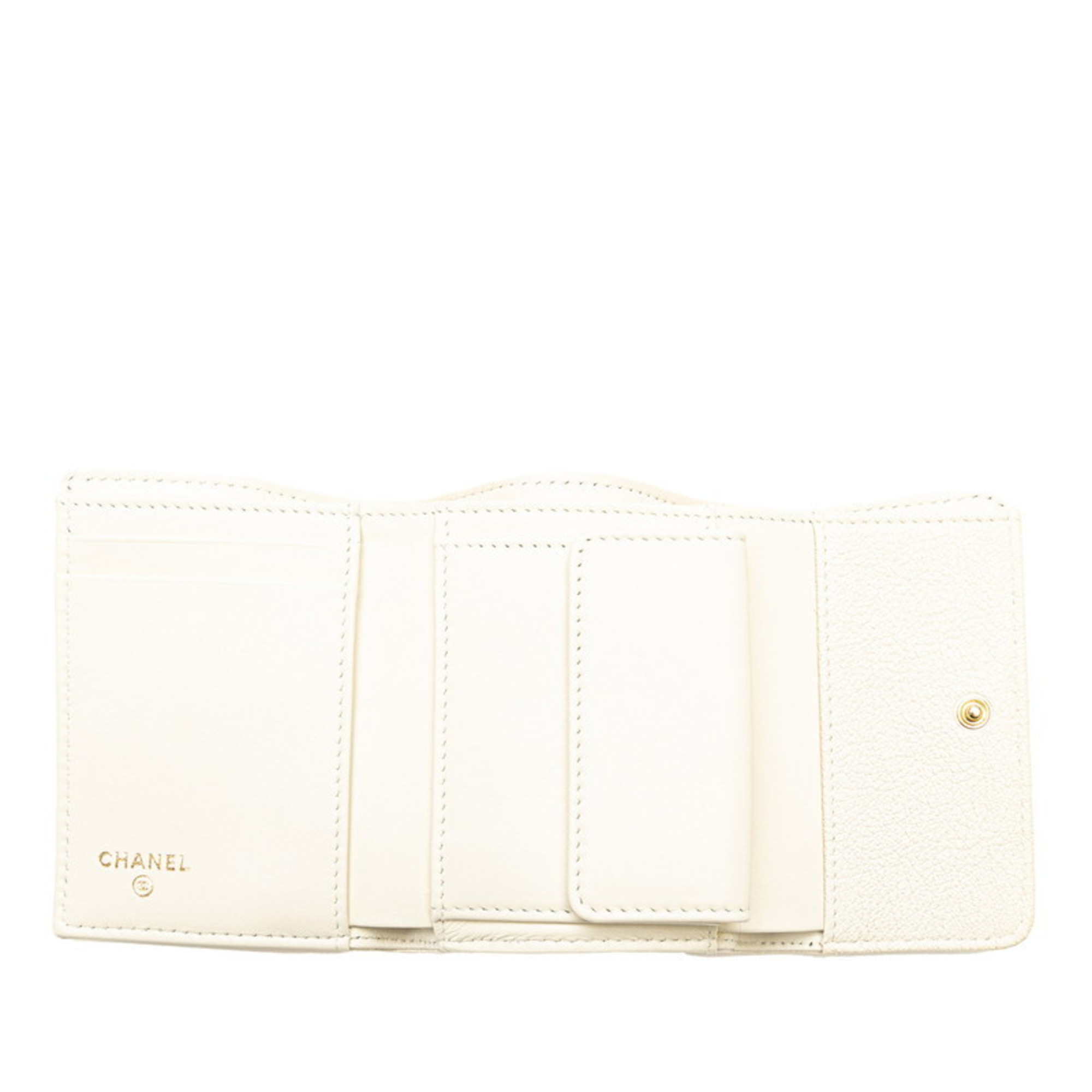 Chanel Matelasse Boy Tri-fold Wallet White Gold Caviar Skin Women's CHANEL