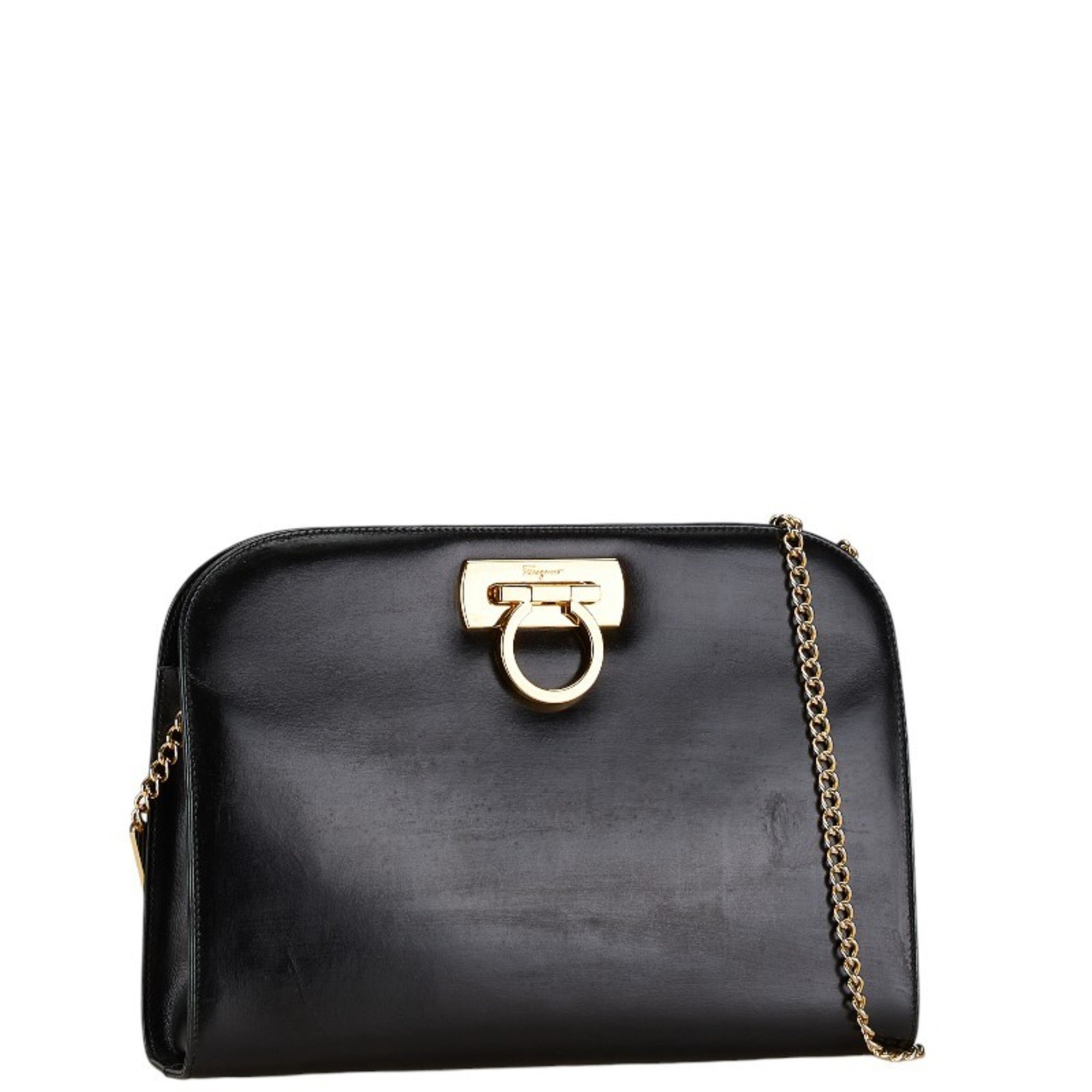 Salvatore Ferragamo Gancini Chain Shoulder Bag Black Gold Leather Women's