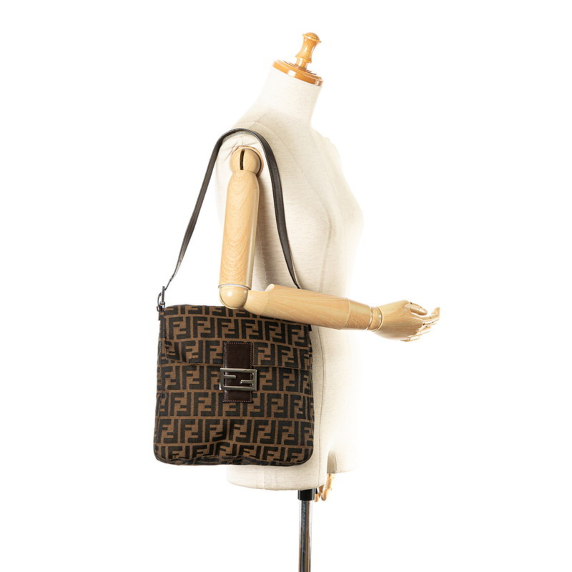 FENDI ZUCCA Mamma Bucket Handbag Bag Brown Canvas Leather Women's