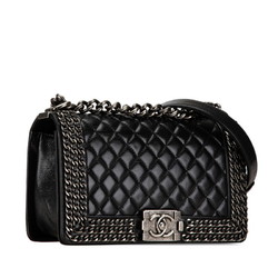 CHANEL BOY CHAIN SHOULDER BAG BLACK LAMBSKIN WOMEN'S