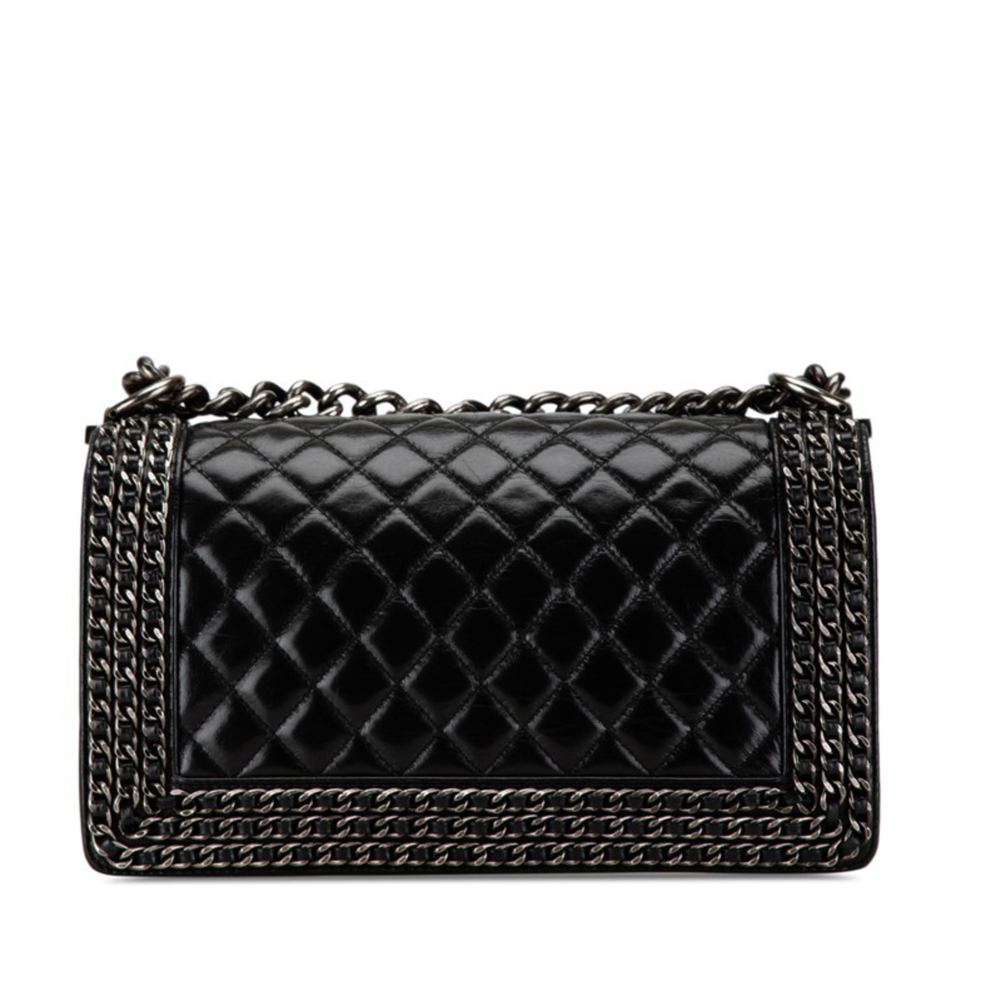 CHANEL BOY CHAIN SHOULDER BAG BLACK LAMBSKIN WOMEN'S