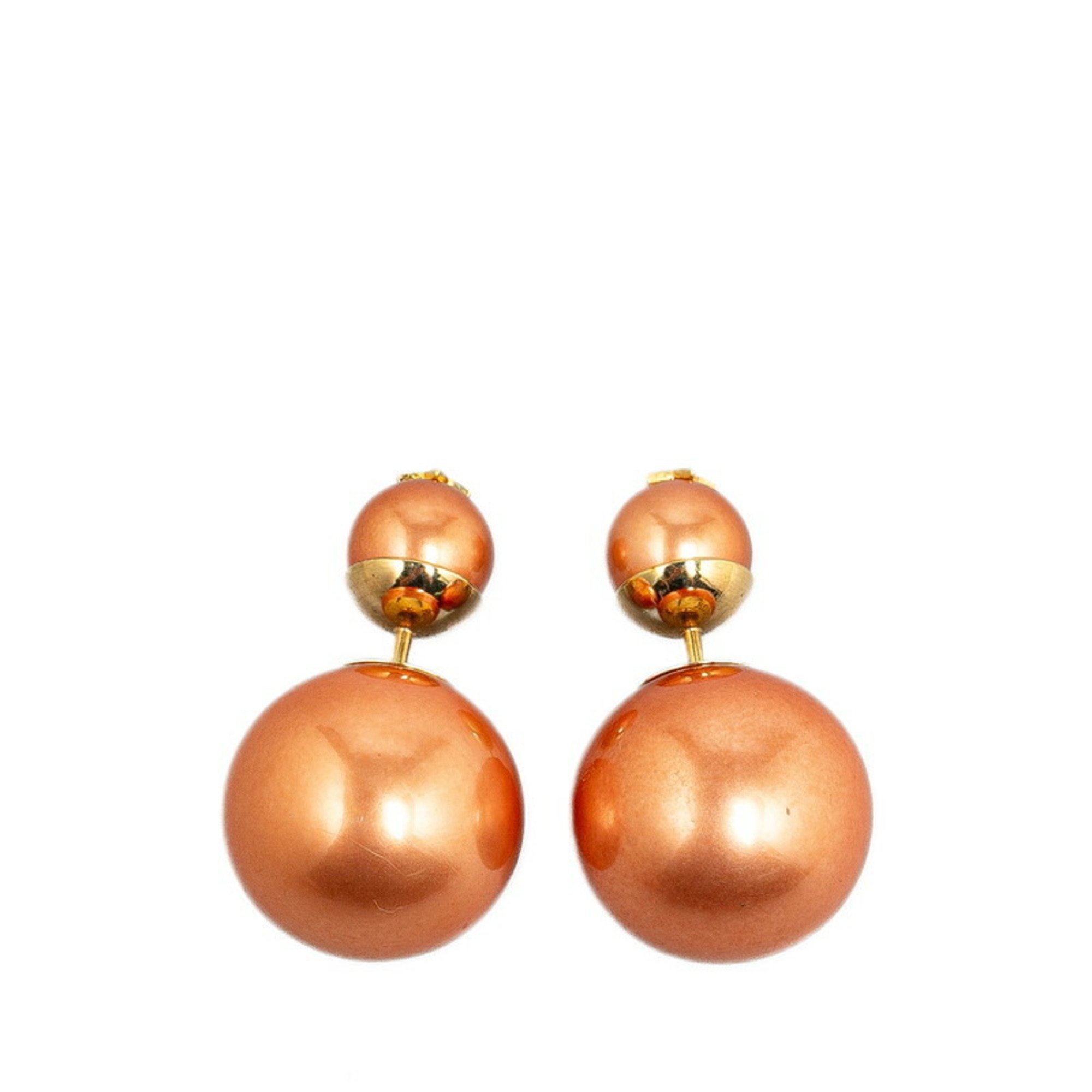 Christian Dior Dior Earrings Brown Gold Faux Pearl Plated Women's