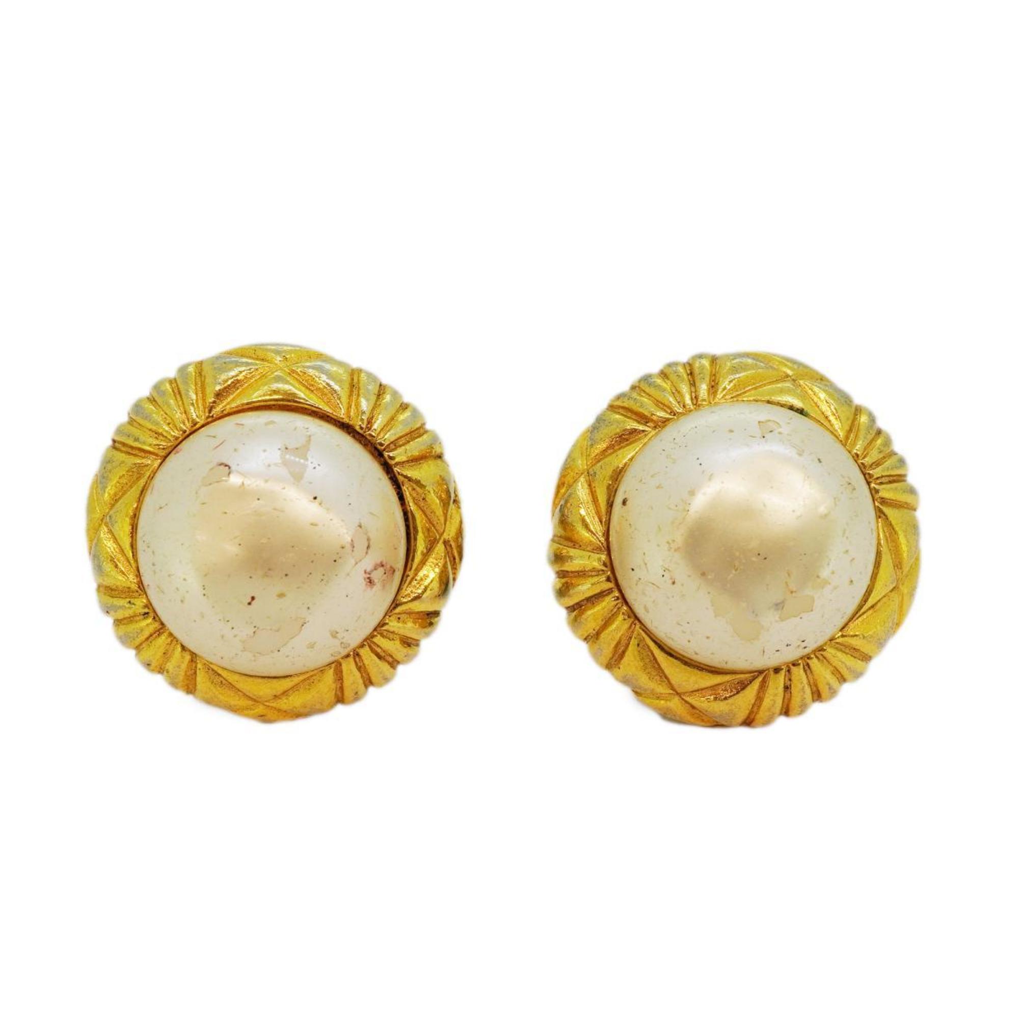 Chanel Earrings Circle Faux Pearl GP Plated Gold Women's