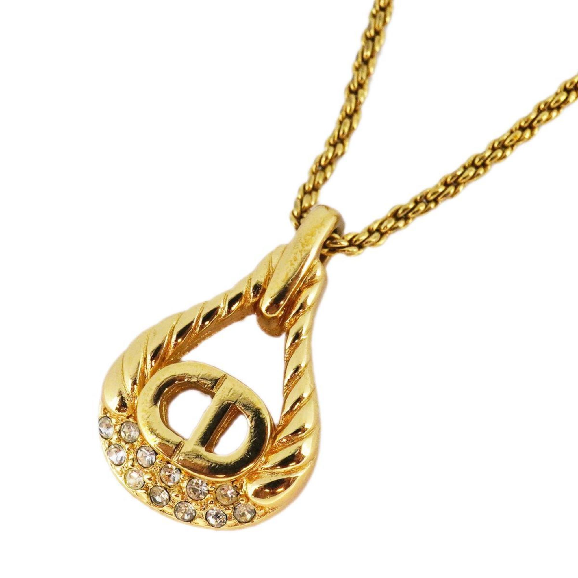 Christian Dior Necklace CD Drop Motif Rhinestone GP Plated Gold Women's