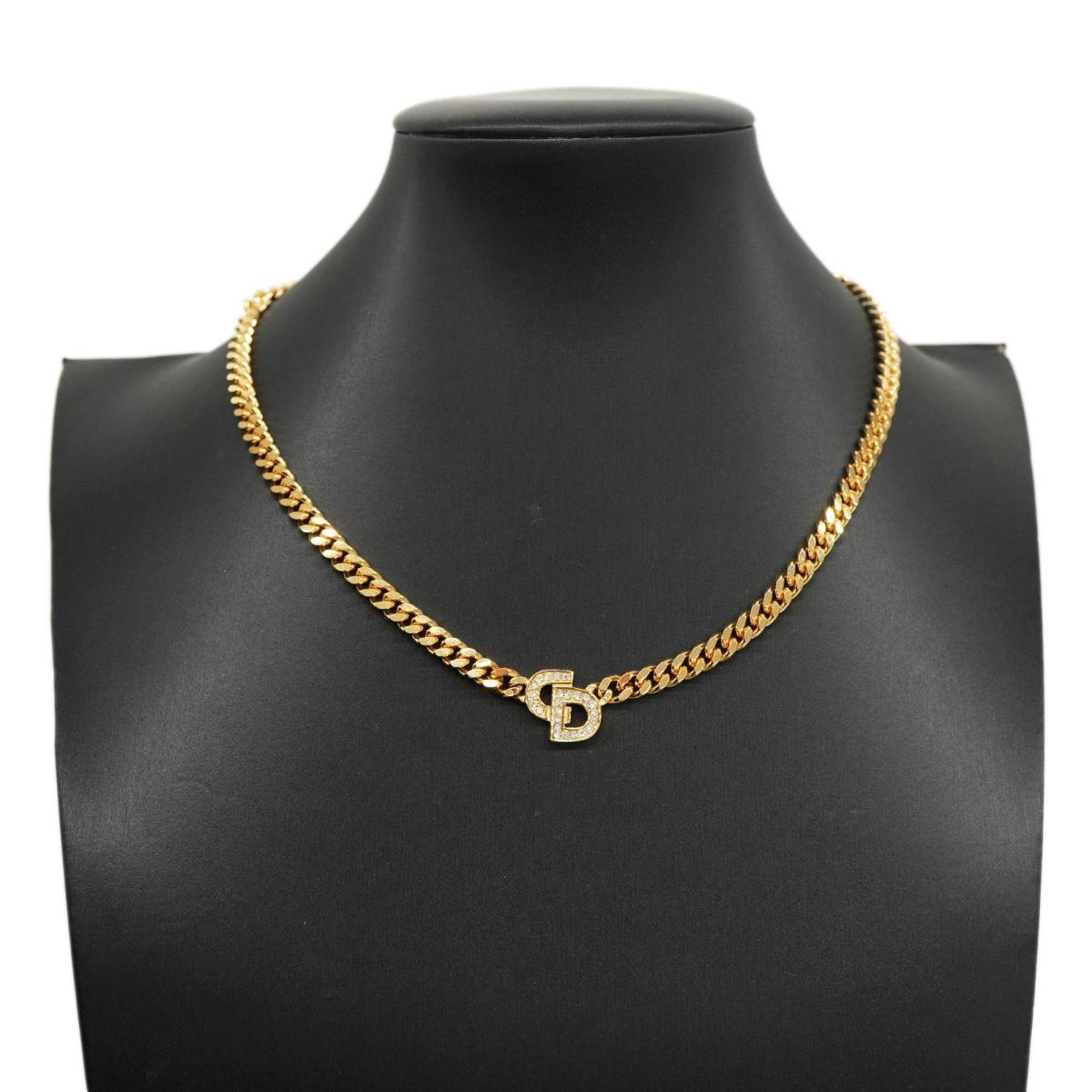 Christian Dior Necklace CD Rhinestone GP Plated Gold Women's