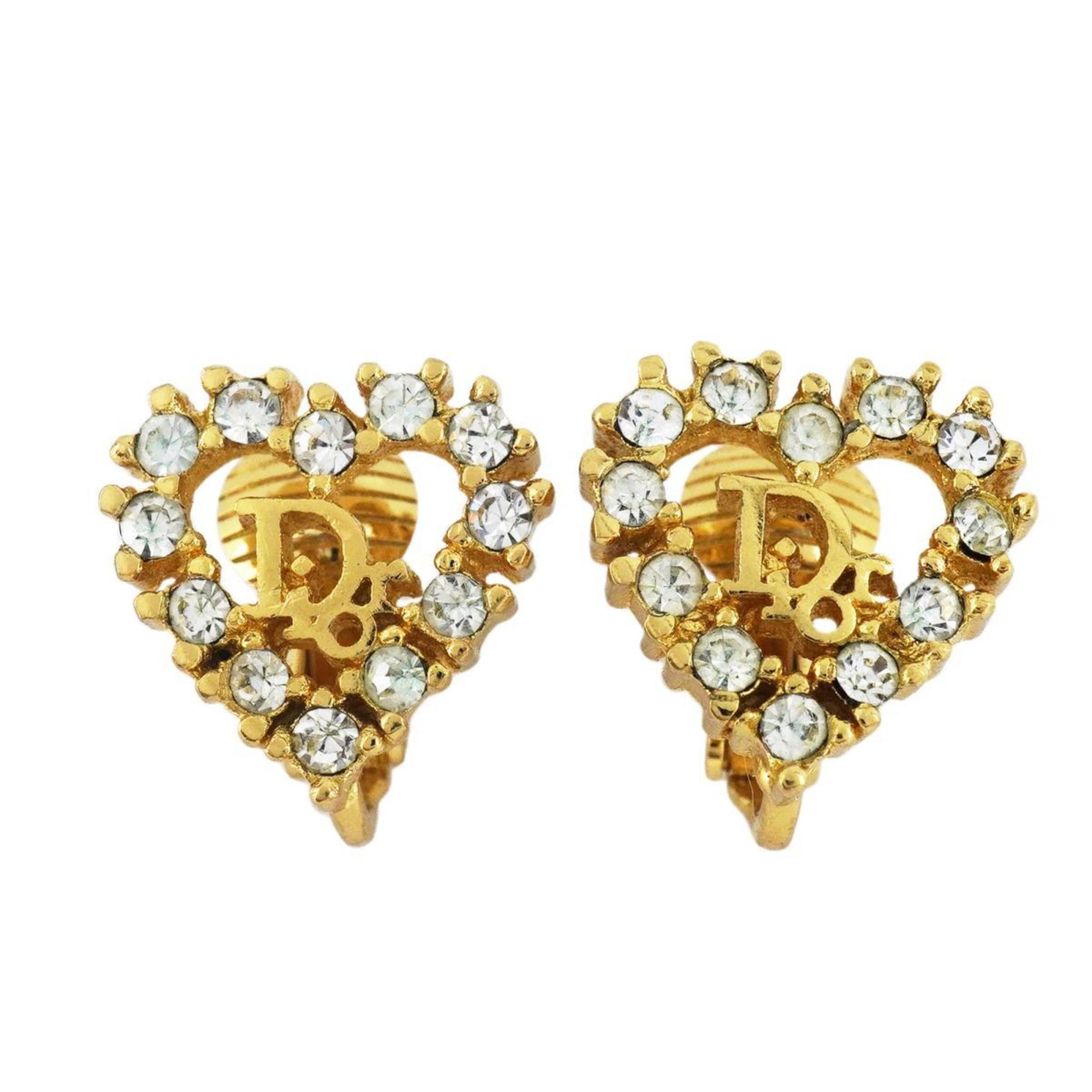 Christian Dior Earrings Heart Motif Rhinestone GP Plated Gold Women's