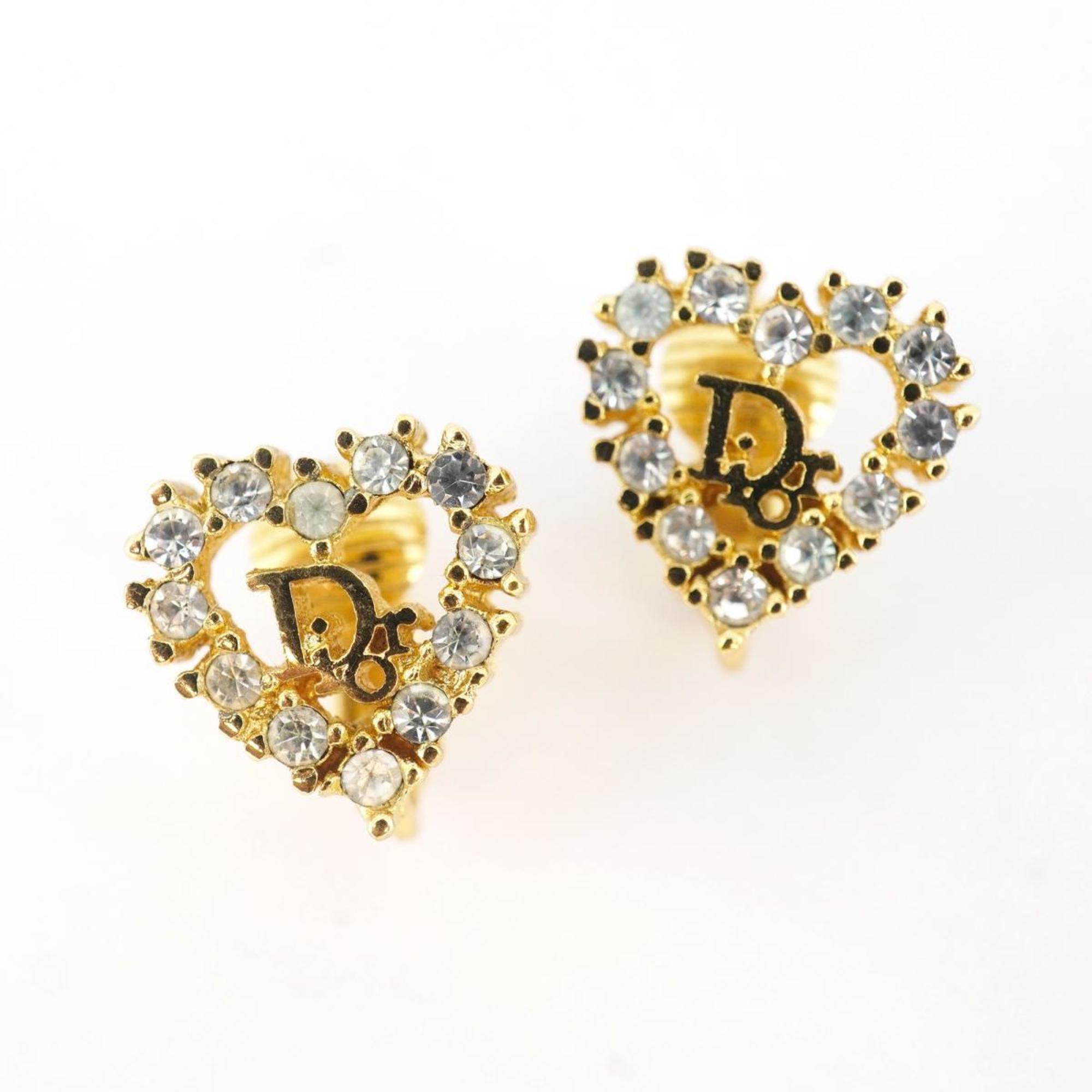 Christian Dior Earrings Heart Motif Rhinestone GP Plated Gold Women's