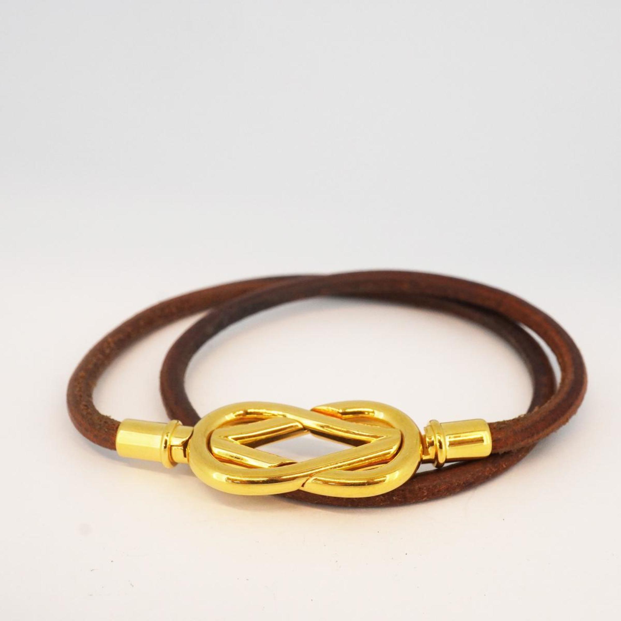 Hermes Bracelet Atame GP Plated Leather Gold Brown Men's Women's