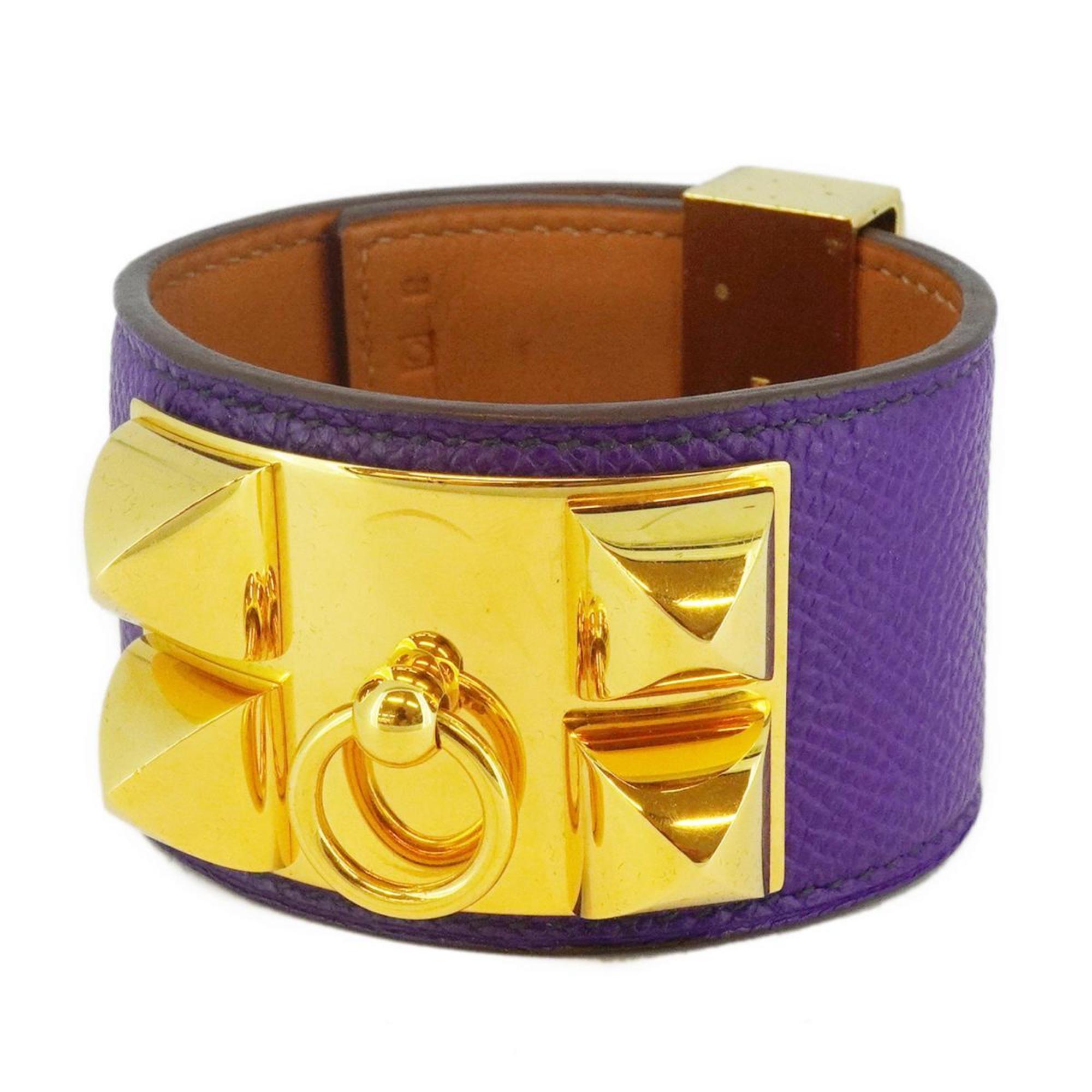 Hermes Bracelet Collier de Chien □o Engraved GP Plated Leather Gold Brown Purple Women's