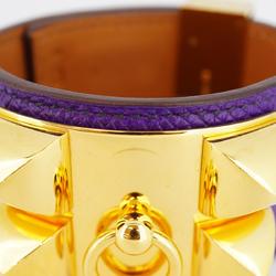 Hermes Bracelet Collier de Chien □o Engraved GP Plated Leather Gold Brown Purple Women's