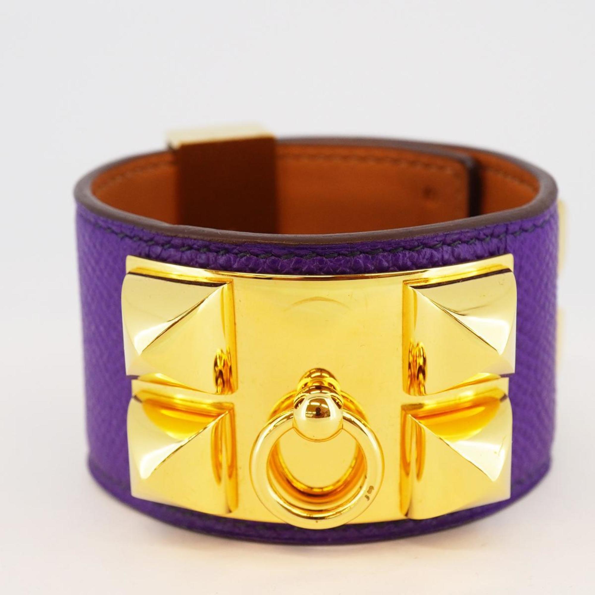 Hermes Bracelet Collier de Chien □o Engraved GP Plated Leather Gold Brown Purple Women's