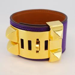 Hermes Bracelet Collier de Chien □o Engraved GP Plated Leather Gold Brown Purple Women's