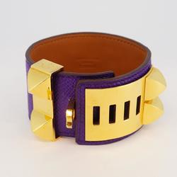 Hermes Bracelet Collier de Chien □o Engraved GP Plated Leather Gold Brown Purple Women's