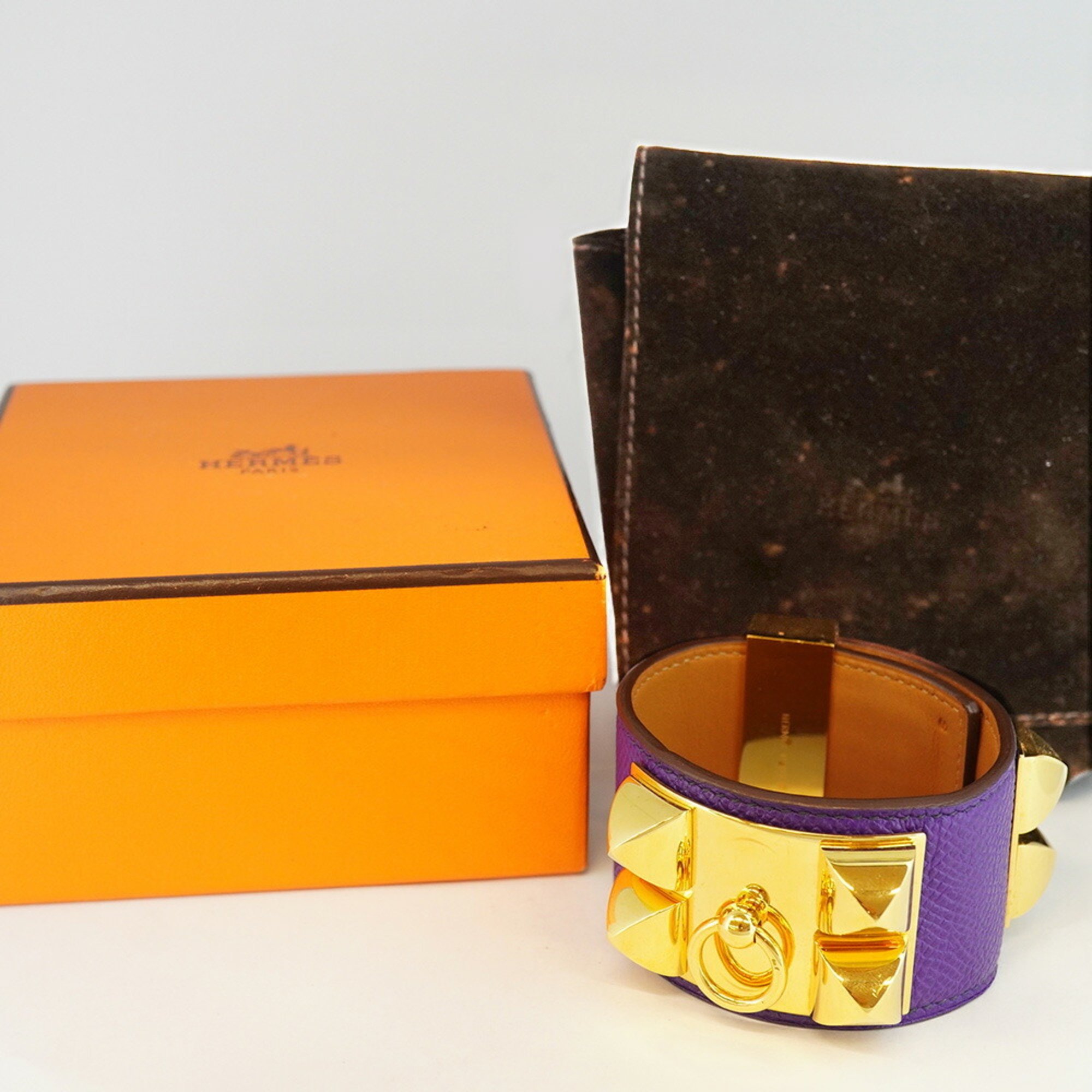 Hermes Bracelet Collier de Chien □o Engraved GP Plated Leather Gold Brown Purple Women's