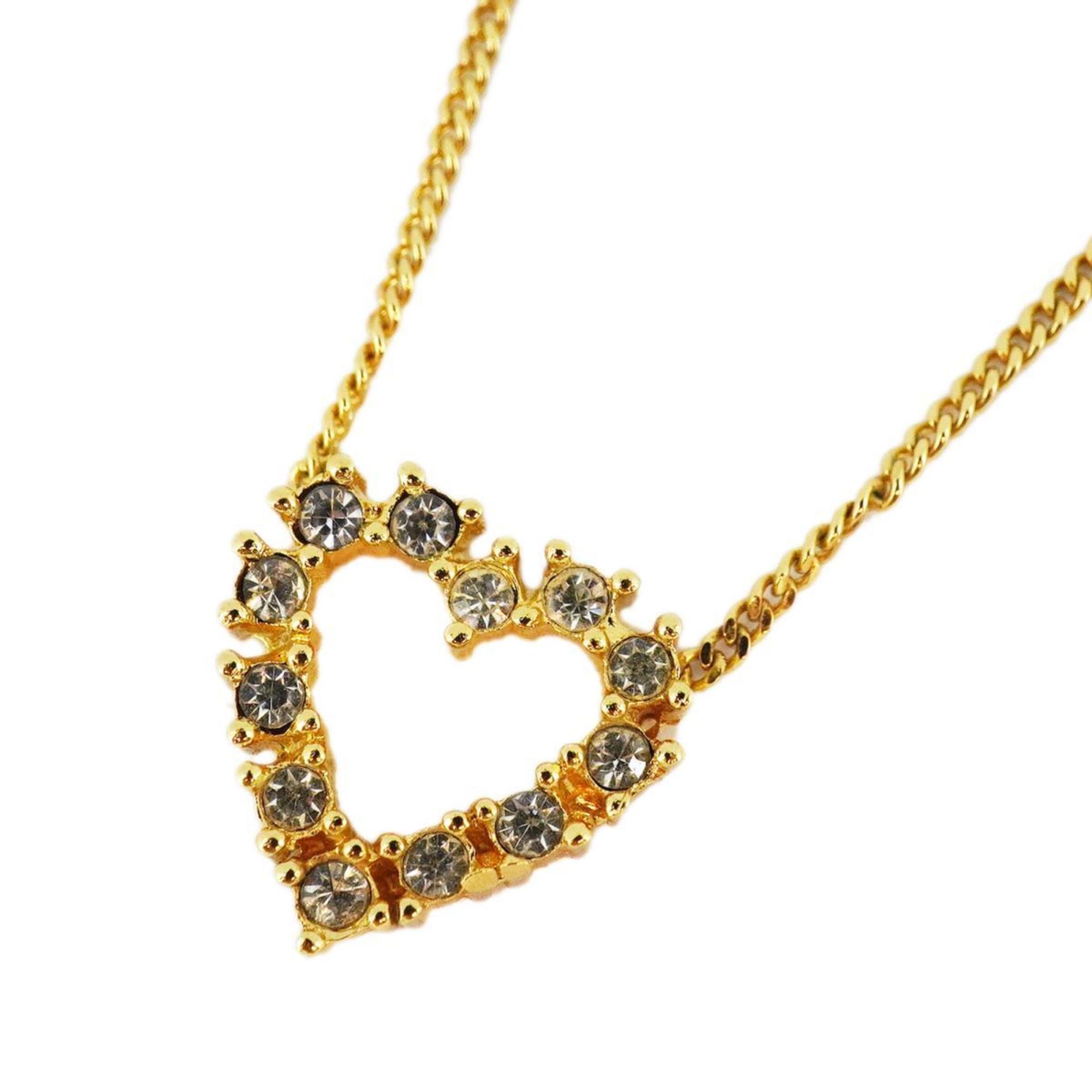 Christian Dior Necklace Heart Motif Rhinestone GP Plated Gold Women's