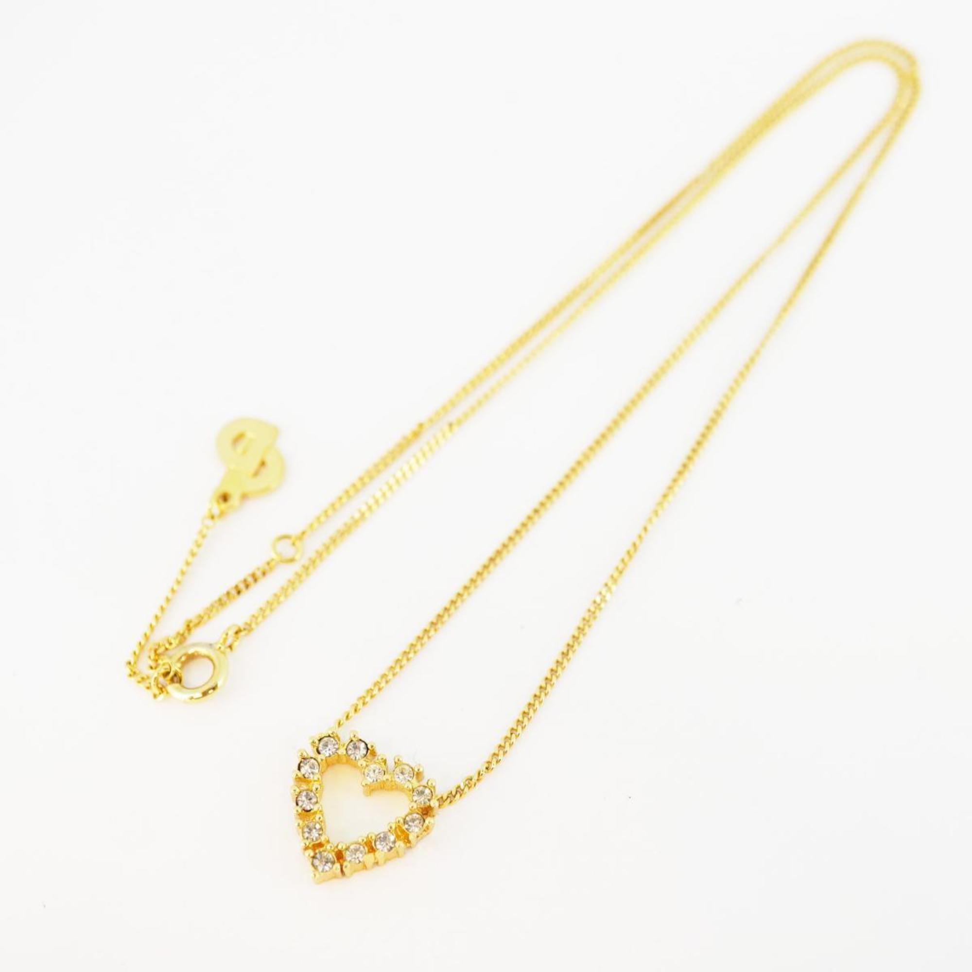 Christian Dior Necklace Heart Motif Rhinestone GP Plated Gold Women's