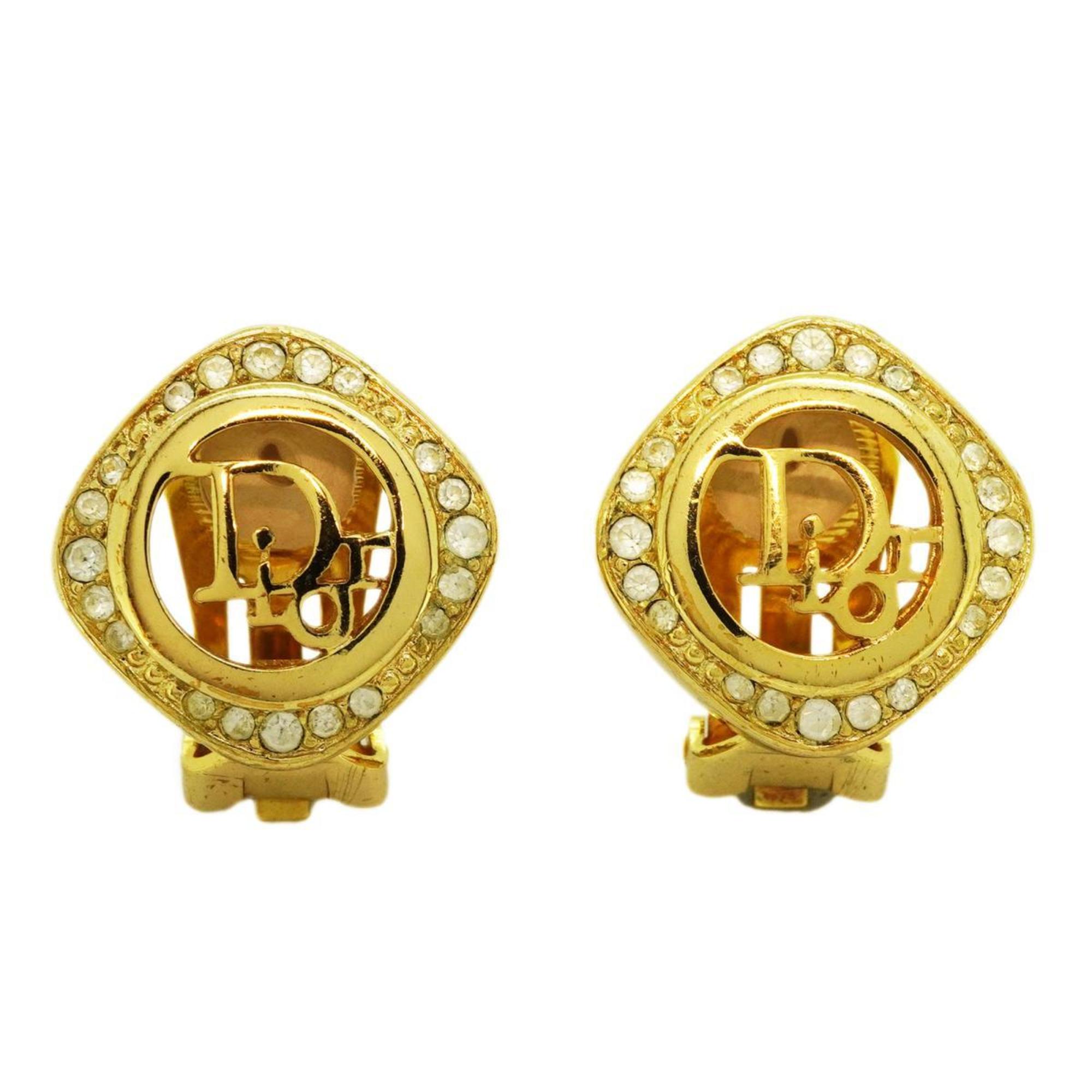 Christian Dior Earrings Diamond Rhinestone GP Plated Gold Women's