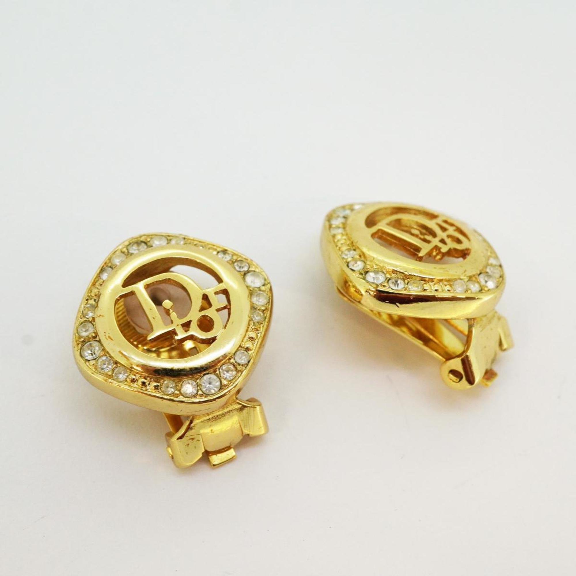 Christian Dior Earrings Diamond Rhinestone GP Plated Gold Women's