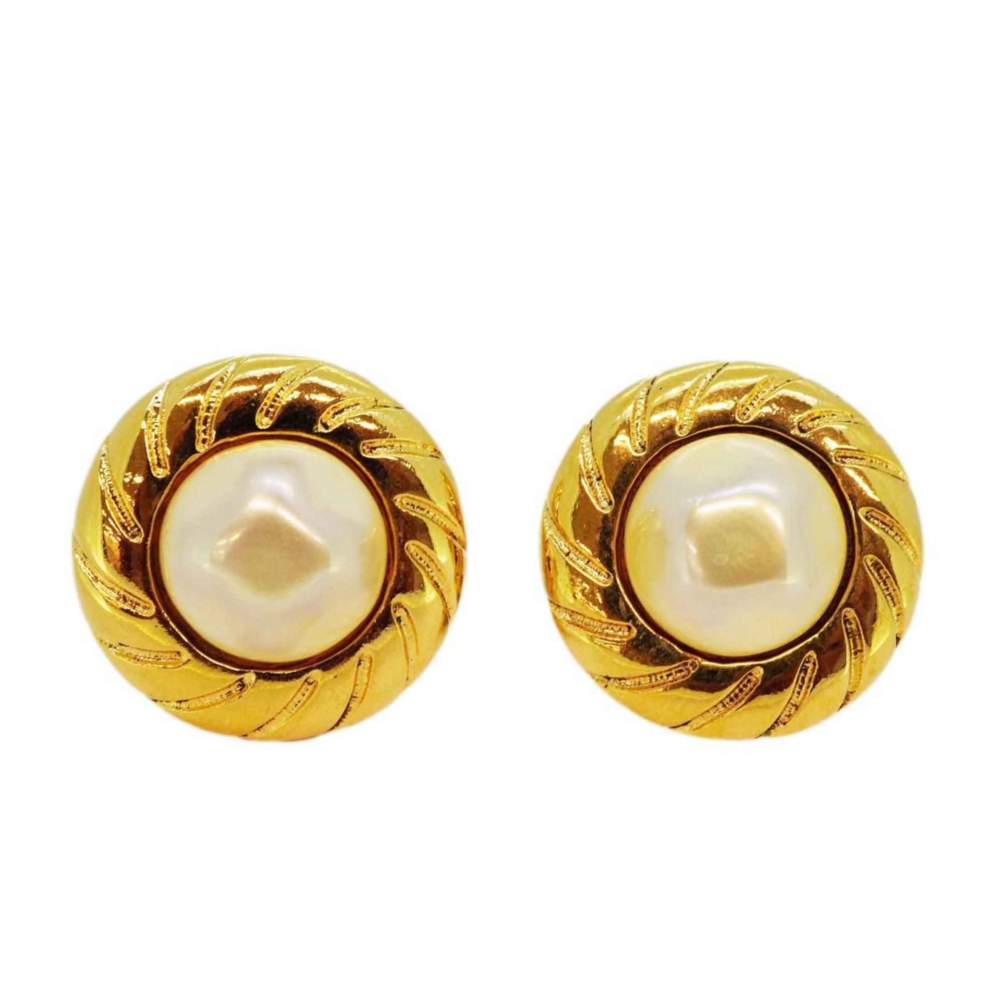 Chanel Earrings Circle Faux Pearl GP Plated Gold Women's