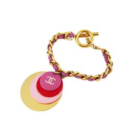 Chanel Bracelet Coco Mark Circle GP Plated Leather Gold Red Pink 01A Women's