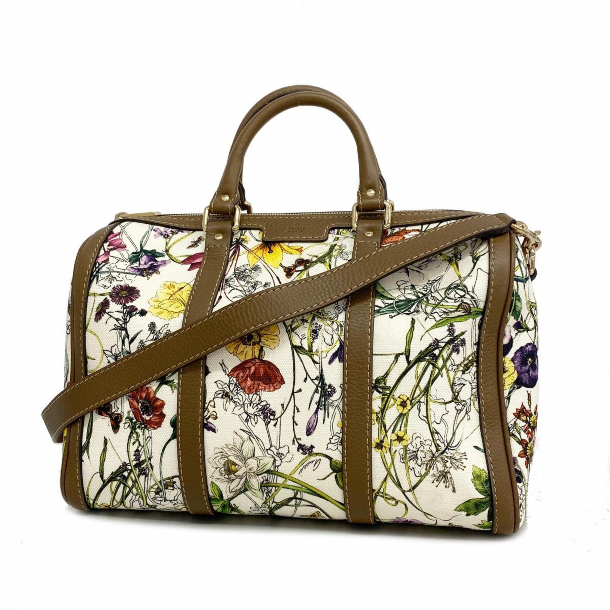 Gucci Flora Handbag 247205 Canvas Brown White Champagne Women's