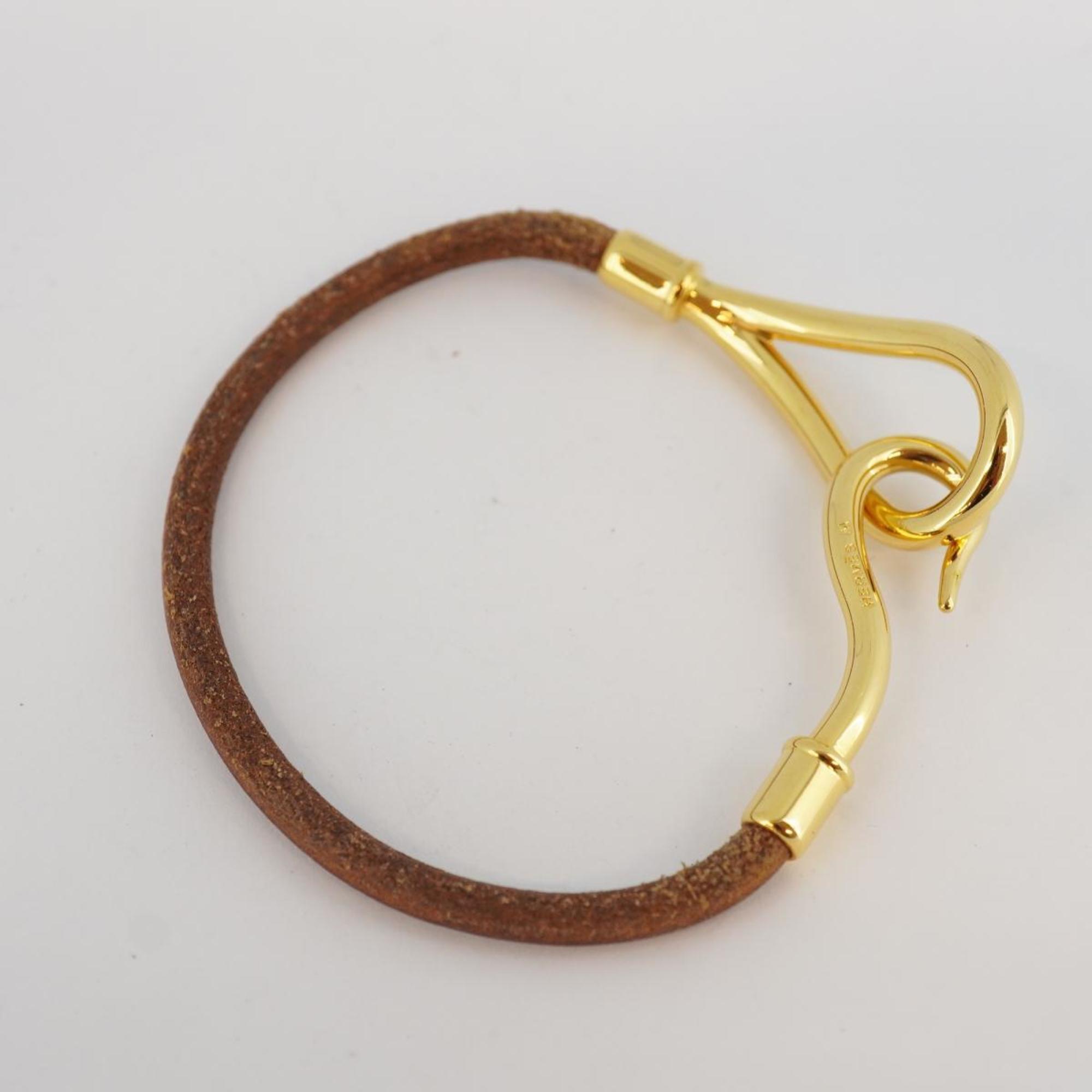 Hermes Bracelet Jumbo Hook GP Plated Leather Gold Brown Women's