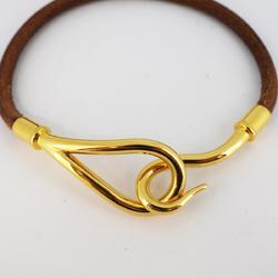 Hermes Bracelet Jumbo Hook GP Plated Leather Gold Brown Women's