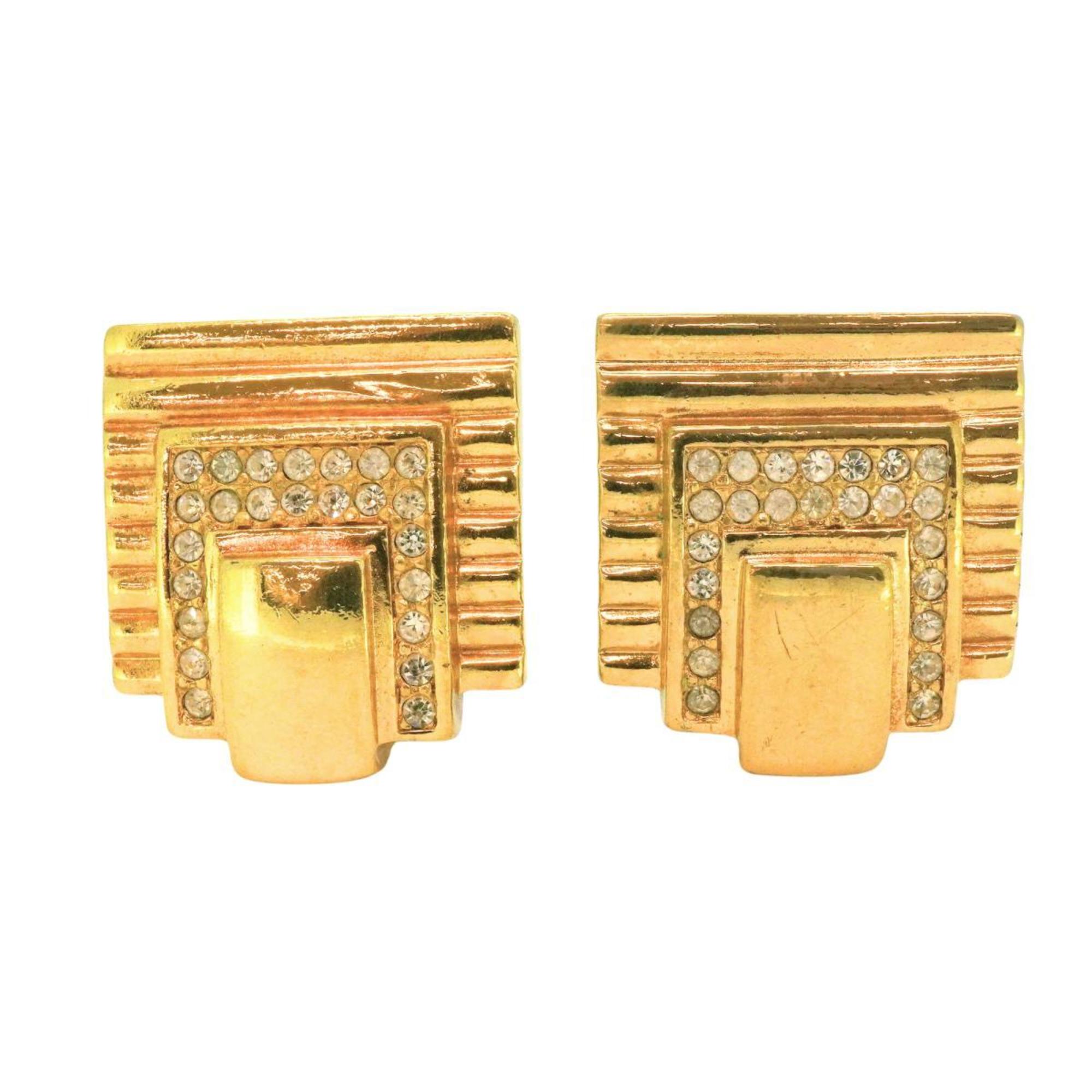 Christian Dior Earrings Square Rhinestone GP Plated Gold Women's